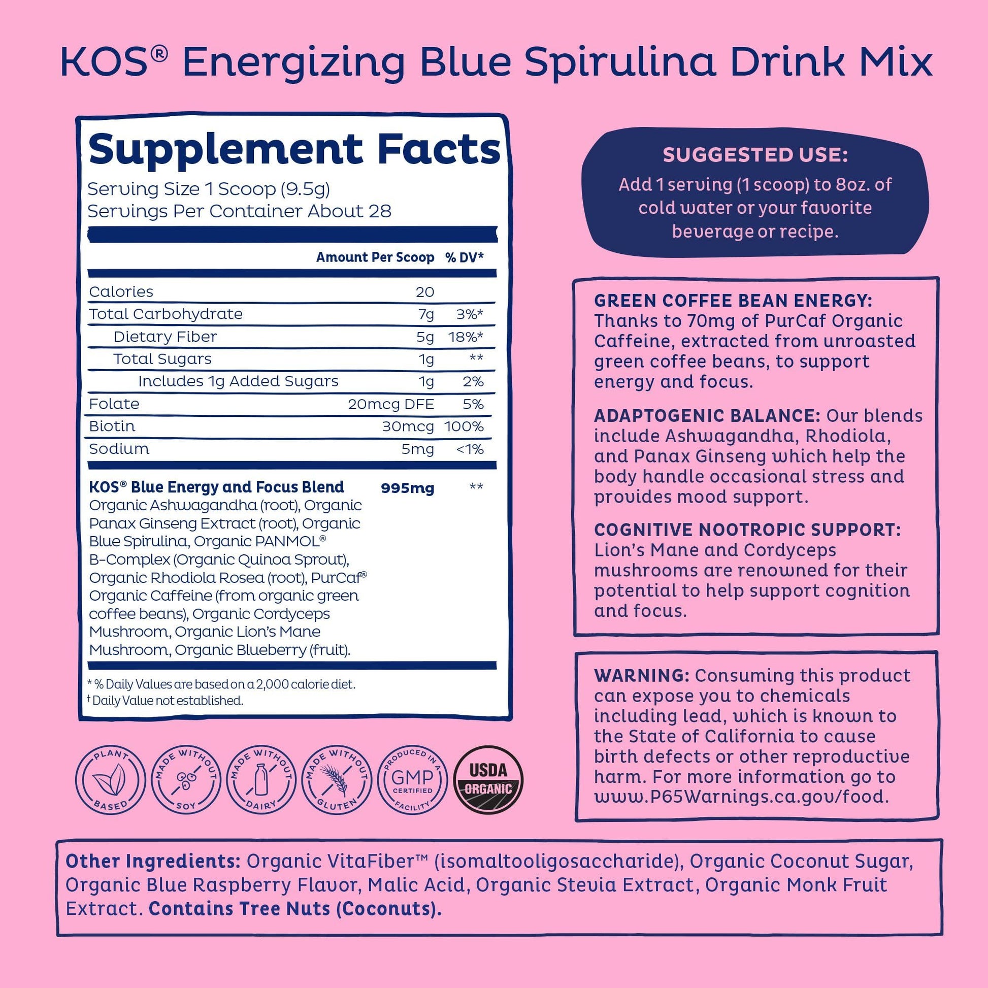 KOS Calming Blue Spirulina Blend- USDA Certified Organic - Algae Superfood Powder with Ashwagandha Root, Lemon Balm, Reishi Mushroom, B Vitamins - Berry Coconut Cooler Flavor, 28 Servings - Nirvana Guru