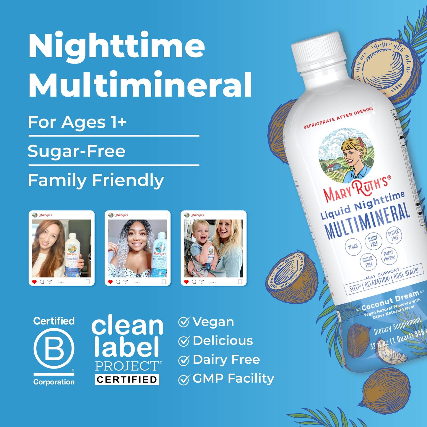 MaryRuth's Liquid Nighttime Multimineral | NO Melatonin | Bedtime Routine | Magnesium Citrate | Calcium | Zinc | Vitamin D3| Available in 4 Flavors | Vegan | Sugar Free | Gluten Free | 32 Oz - Nirvana Guru