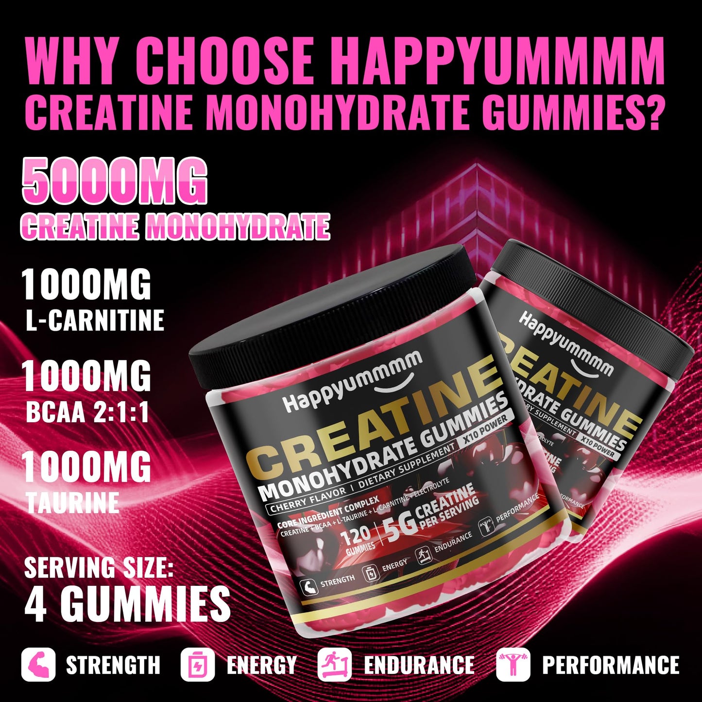 Creatine Monohydrate Gummies 5000mg for Men & Women, Chewables Creatine Monohydrate for Muscle Strength, Muscle Builder, Energy Boost, Pre-Workout Supplement(90 Count)-Strawberry.