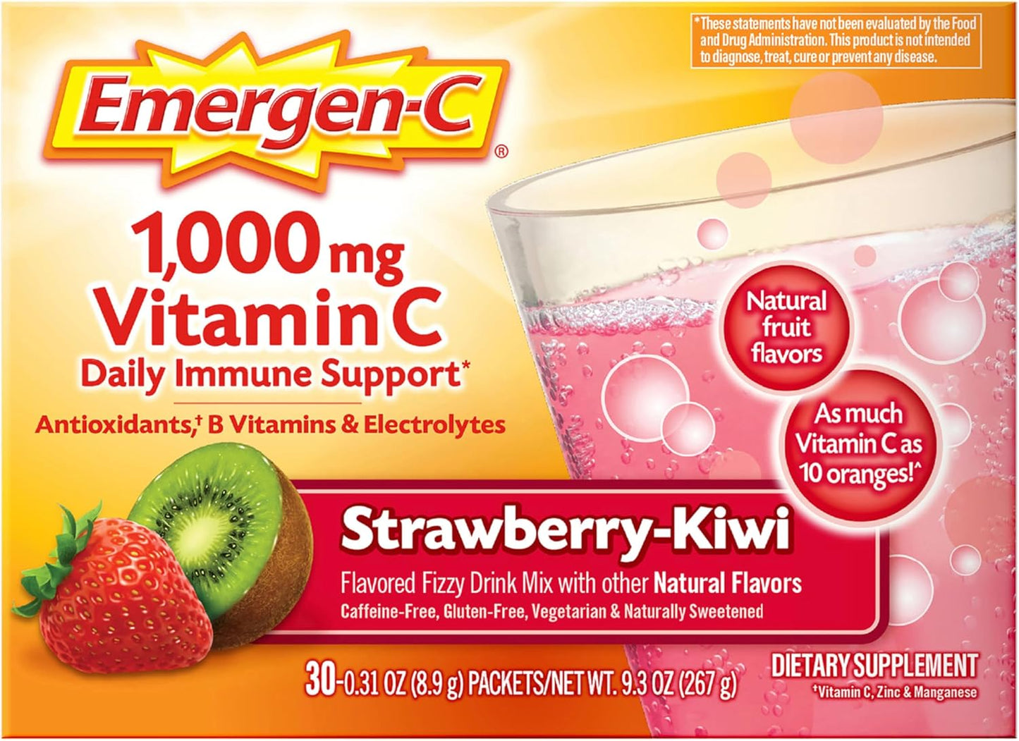 Emergen-C 1000mg Vitamin C Powder for Daily Immune Support Caffeine Free Vitamin C Supplements with Zinc and Manganese, B Vitamins and Electrolytes, Super Orange Flavor - 30 Count Nirvana Guru
