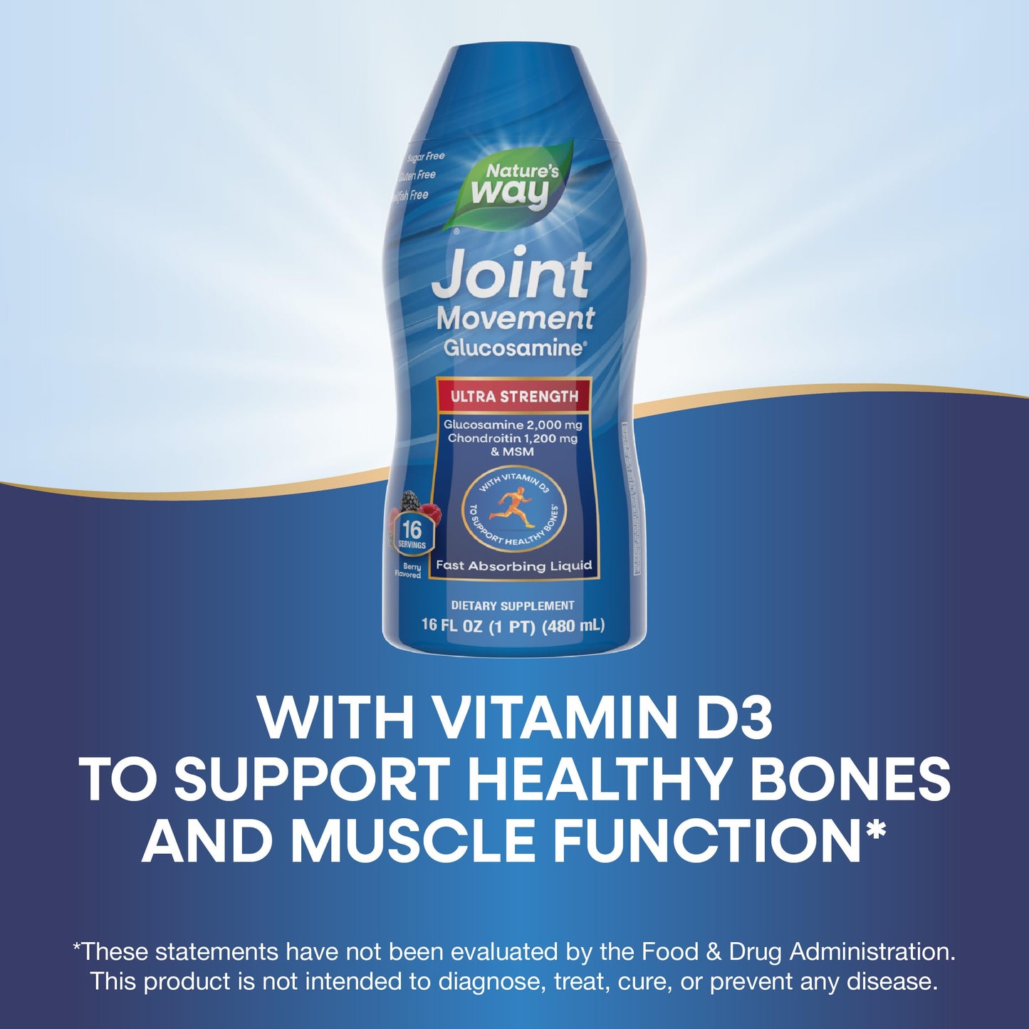 Nature's Way Joint Movement Glucosamine Fast Absorbing Liquid, Ultra Strength, Supports Healthy Bones*, Chondroitin, and MSM with Vitamin D3, Berry Flavored, 16 Fl Oz (Packaging May Vary) - Nirvana Guru