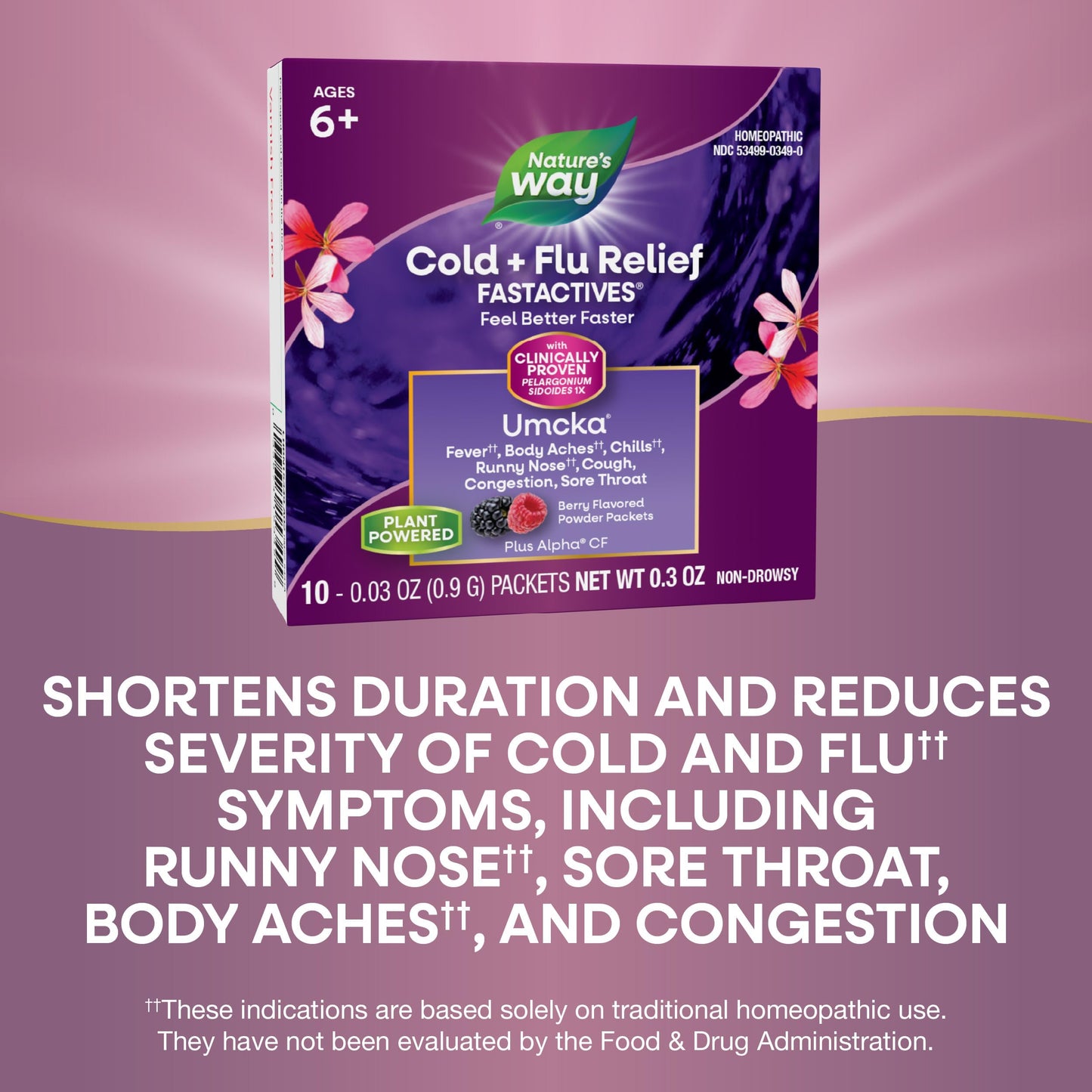 Nature's Way Cold + Flu Relief FastActives, Umcka, Homeopathic, Fever*, Sore Throat, Cough, Congestion, Body Aches*, Phenylephrine Free, Non-Drowsy, Berry Flavored, 10 Packets (Packaging May Vary) - Nirvana Guru