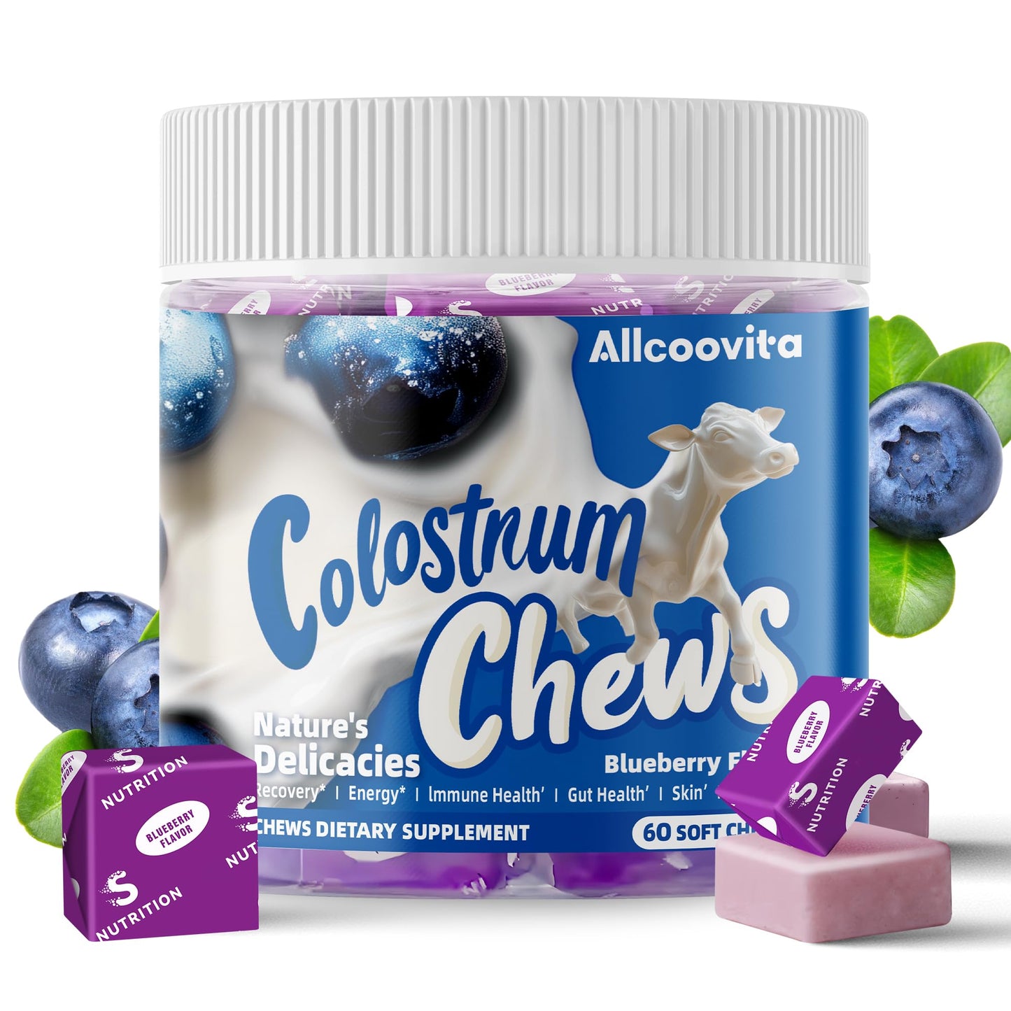 Bovine Colostrum Chews Supplement with probiotics for Gut Health, Bloating, Immune Support, Skin, Hair Growth and Beauty - Strawberry Flavor (60 Servings) Nirvana Guru