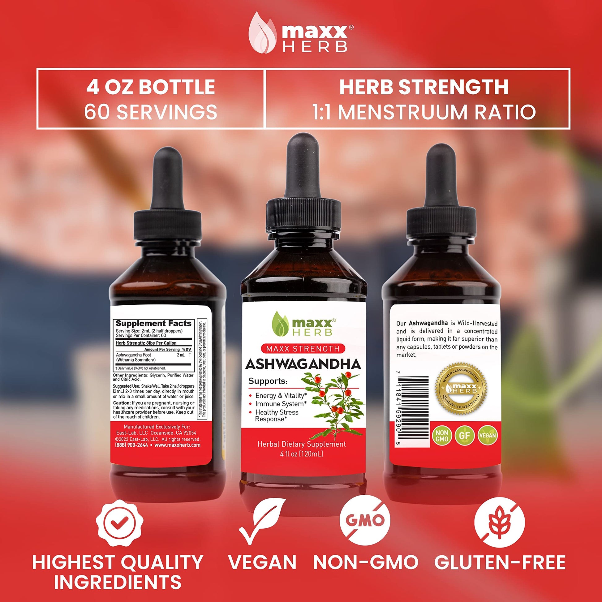 Maxx Herb Ashwagandha Extract – Max Strength Liquid Tincture Absorbs Better Than Capsules or Powder - for Stamina, Memory, and Immune Support – 4 Bottles, 4 Oz Each (240 Servings) Nirvana Guru