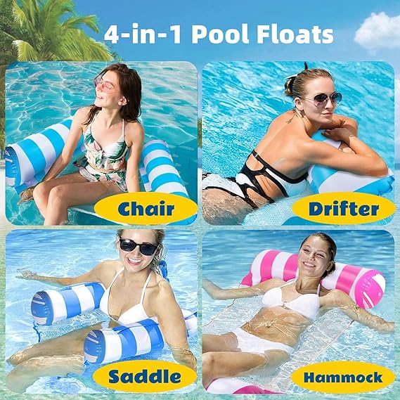 4 Pack Upgrated XL Water Pool Floats, 4-in-1 (Hammock, Saddle, Lounge Chair, Drifter) Multi-Purpose Water Pool Float, Non-Stick PVC Material nirvanaguru