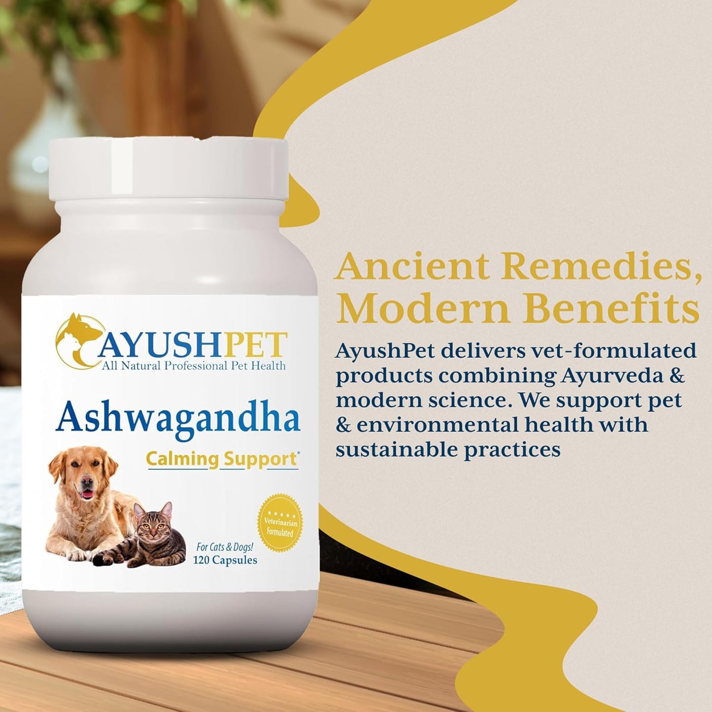 Ayush Pet Stress Support, Ashwagandha Calming Aid for Pets, Promotes Energy and Vitality, 120 Capsules Nirvana Guru