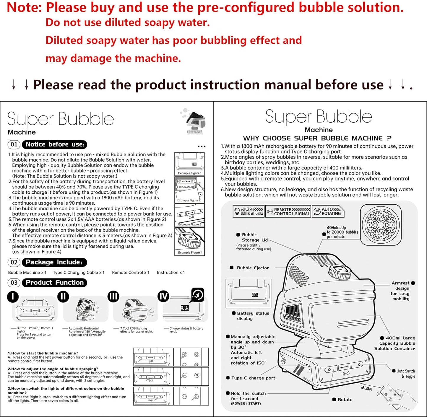 2025 Upgraded Bubble Machine with Remote Control, Automatic Rotation & RGB Lights, 1800mAh Rechargeable Battery, Type-C Charge, Bubble Maker for Kids, Weddings, Birthday Parties, Outdoor Activities Nirvana Guru