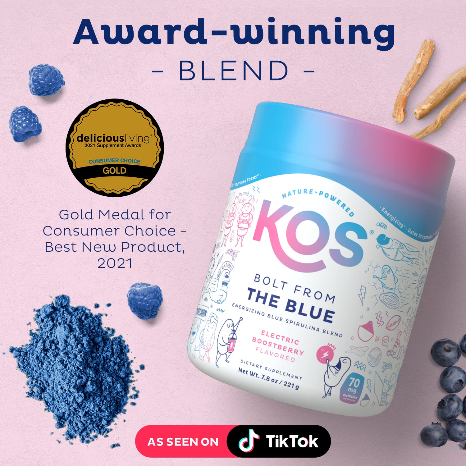 KOS Calming Blue Spirulina Blend- USDA Certified Organic - Algae Superfood Powder with Ashwagandha Root, Lemon Balm, Reishi Mushroom, B Vitamins - Berry Coconut Cooler Flavor, 28 Servings - Nirvana Guru