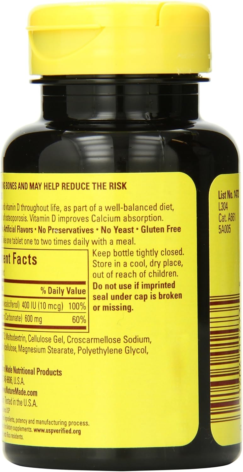 Nature Made Calcium 600 mg with Vitamin D3, Dietary Supplement for Bone Support, 220 Tablets (pack of 1) - Nirvana Guru