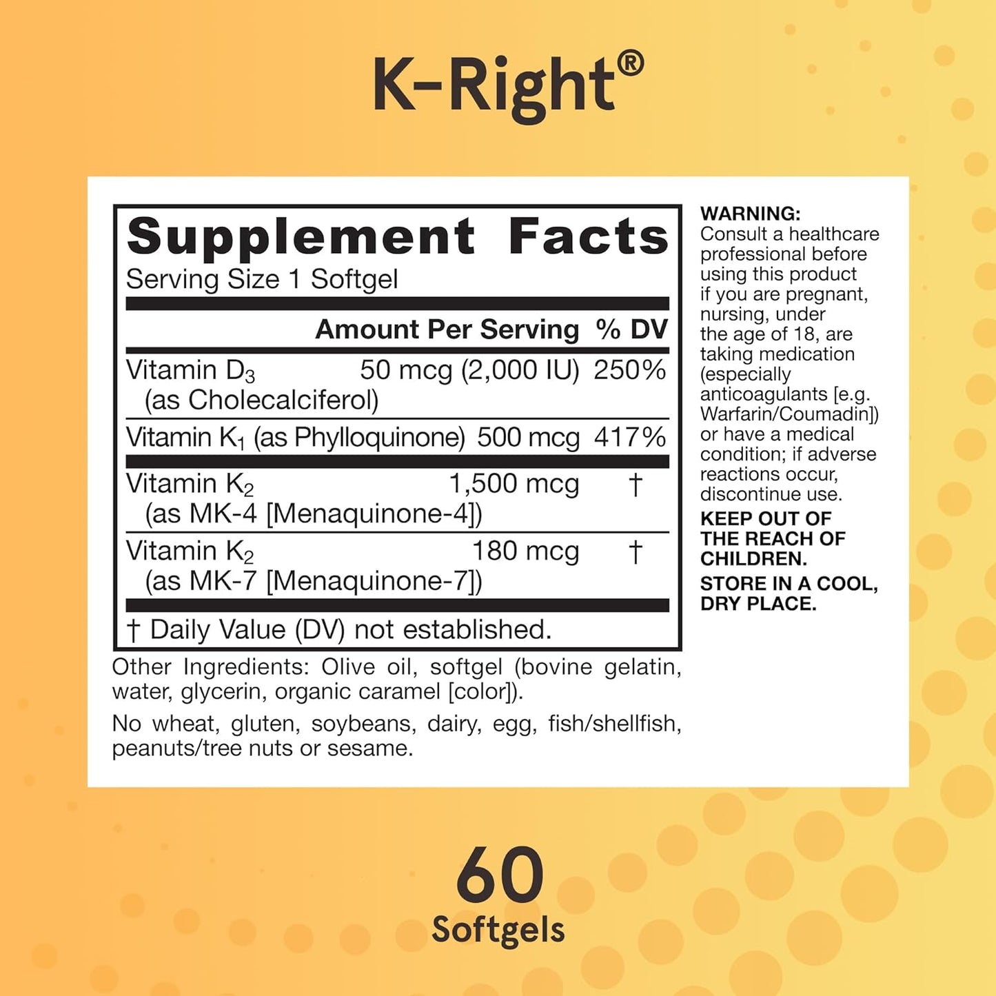 Jarrow Formulas K-Right - Vitamin K-Complex (K1, MK-4, MK-7, D3) - 60 Servings (Softgels) - Dietary Supplement for Bone & Cardiovascular Health Support - Vitamin K2 MK-7 - Gluten Free Nirvana Guru
