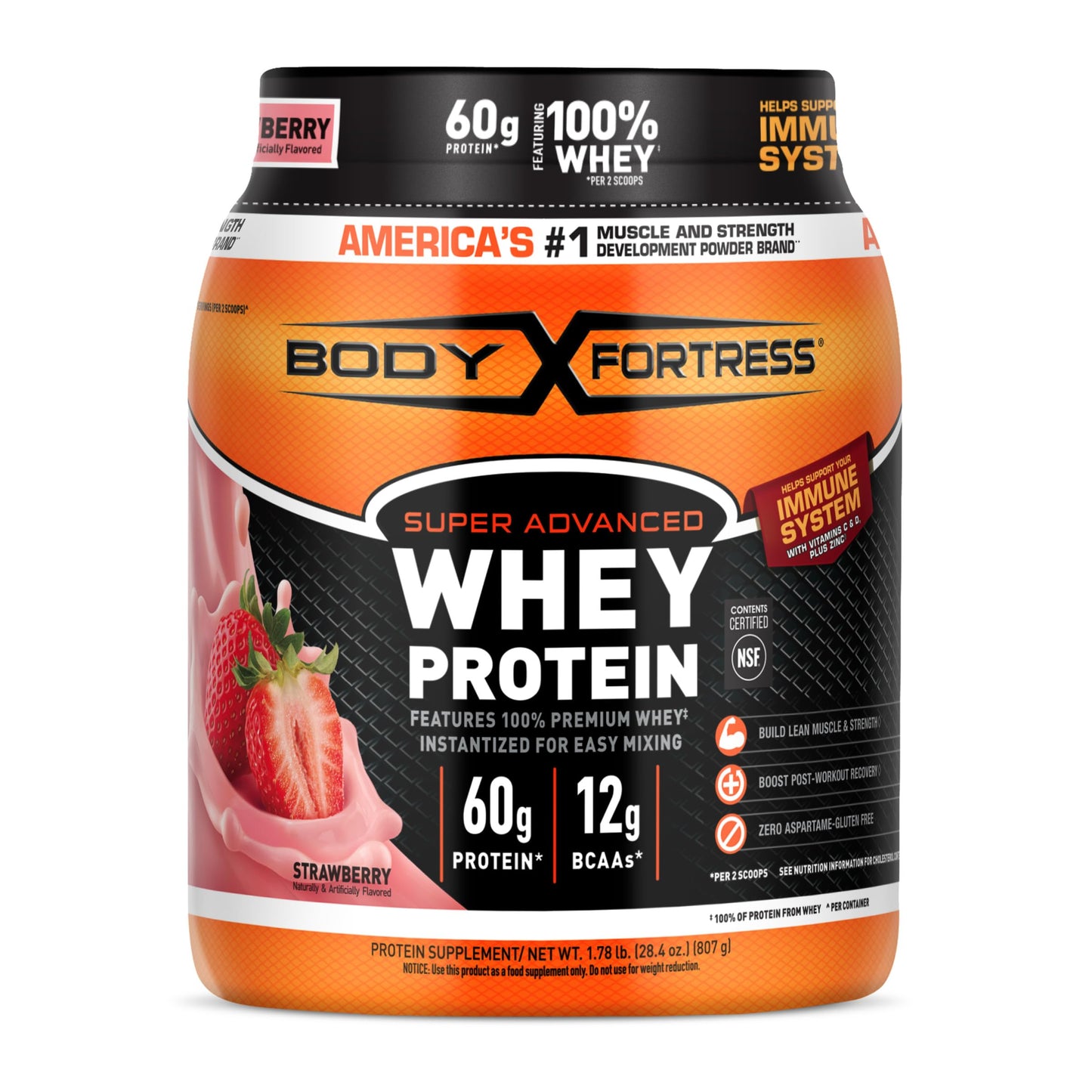 Body Fortress Super Advanced Whey Protein Powder, Vanilla, Immune Support (1), Vitamins C & D Plus Zinc, 1.74 lbs