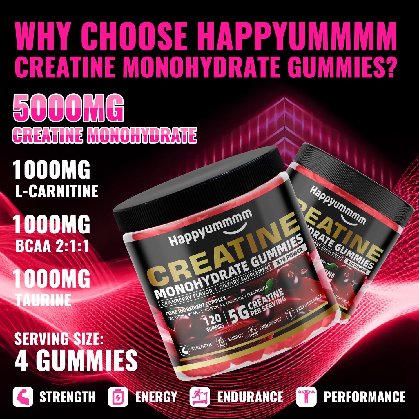 Creatine Monohydrate Gummies 5000mg for Men & Women, Chewables Creatine Monohydrate for Muscle Strength, Muscle Builder, Energy Boost, Pre-Workout Supplement(90 Count)-Strawberry.
