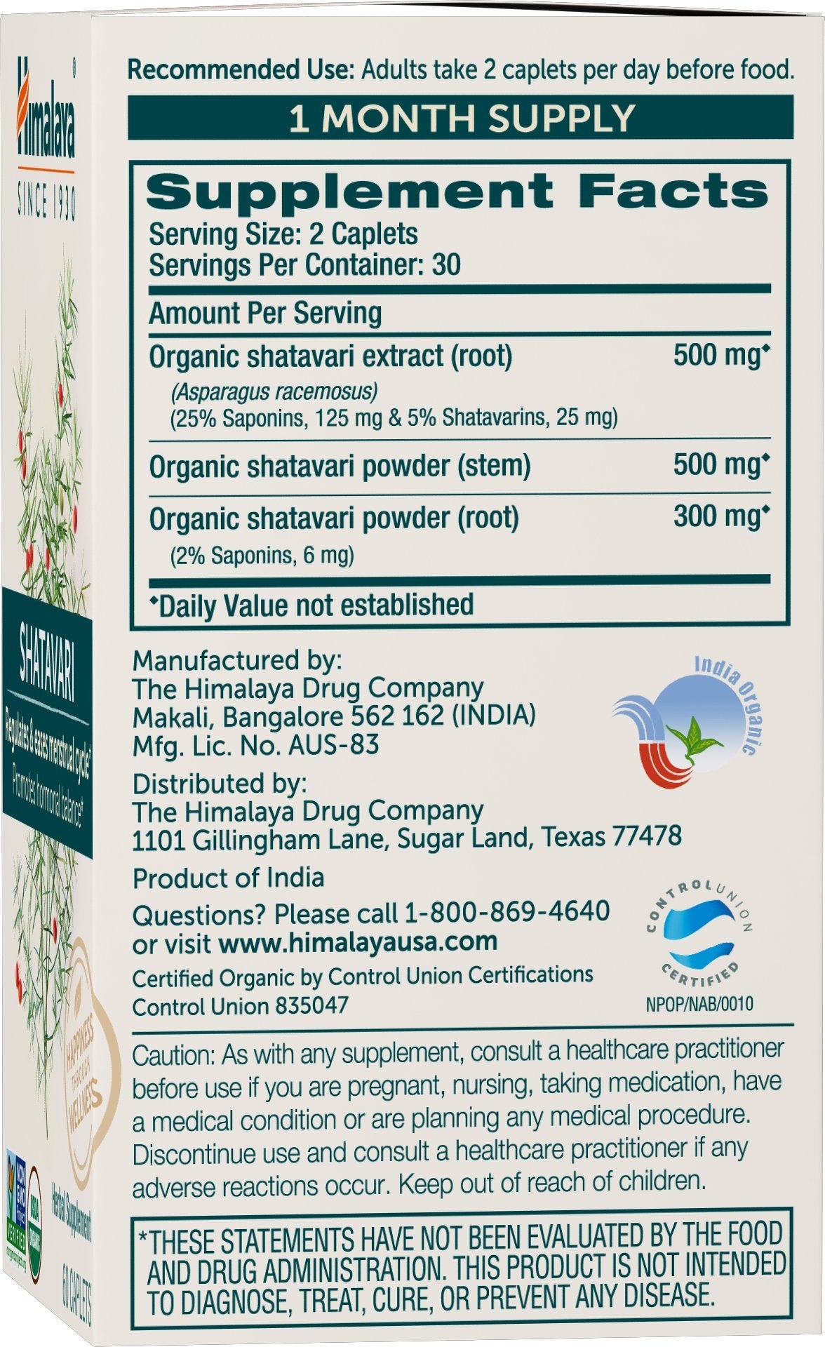 Himalaya Organic Shatavari for PMS, Menstrual Cramp Relief, Menopause Support, and Women's Health, 1,300 mg, 60 Caplets, 1 Month Supply - Nirvana Guru