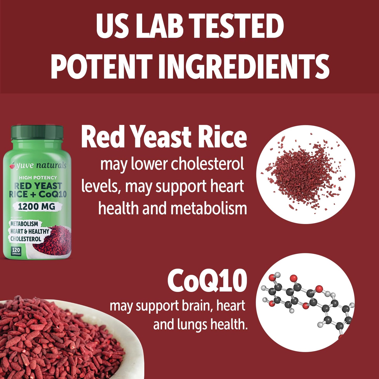 100% Natural Red Yeast Rice 1200 mg with CoQ10 100 mg, 2 in 1, Maintain Healthy Cholesterol Levels - 120 Veggie Capsules - Nirvana Guru