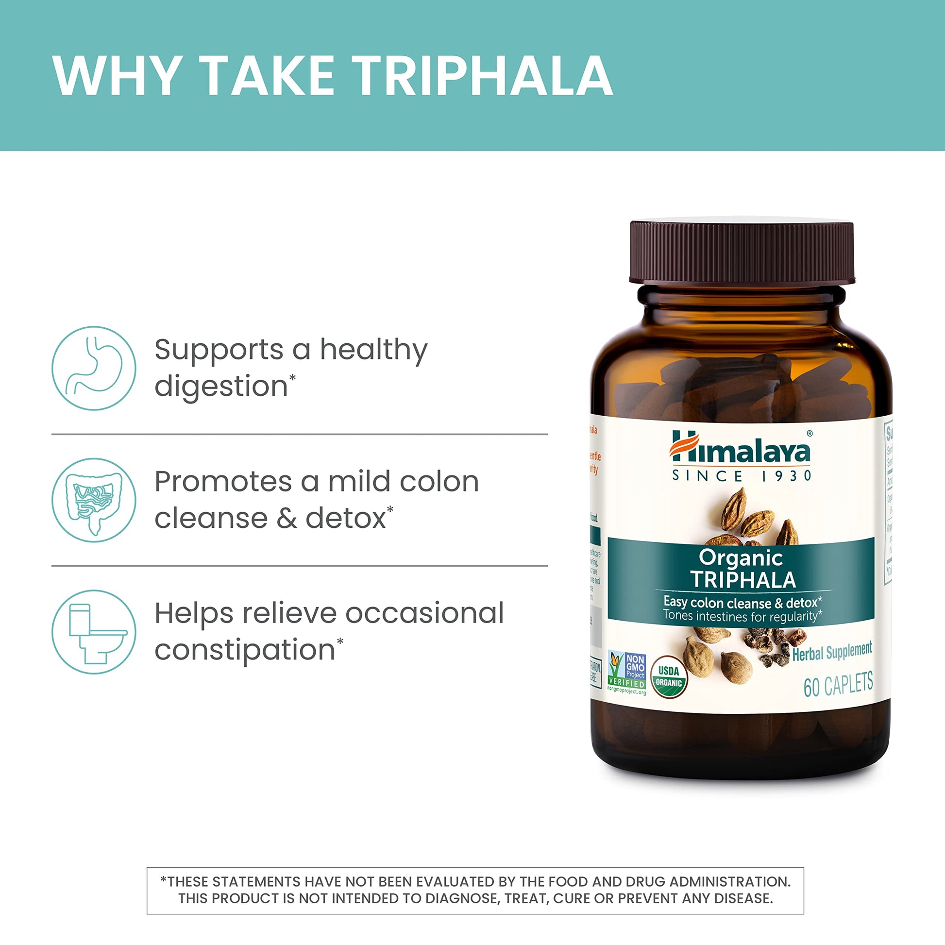 Himalaya Organic Triphala, 2 Month Supply, for Colon Cleanse, Detox & Occasional Constipation, USDA Certified Organic, Non-GMO, Gluten-Free, Extract & Powder Herbal Supplement, 688 mg, 60 Caplets - Nirvana Guru