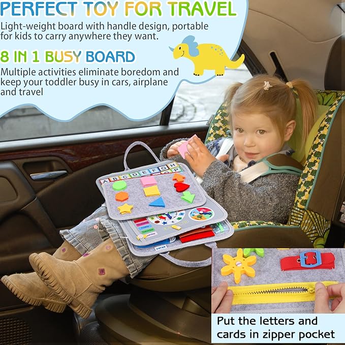 Esjay Toddler Busy Board Montessori Toys for Boys Girls, Sensory Board Educational Activities for Learning Fine Motor Skills, Birthday Gifts for Toddlers, Travel Toys for Airplane Car,Grey Dinosaur nirvanaguru