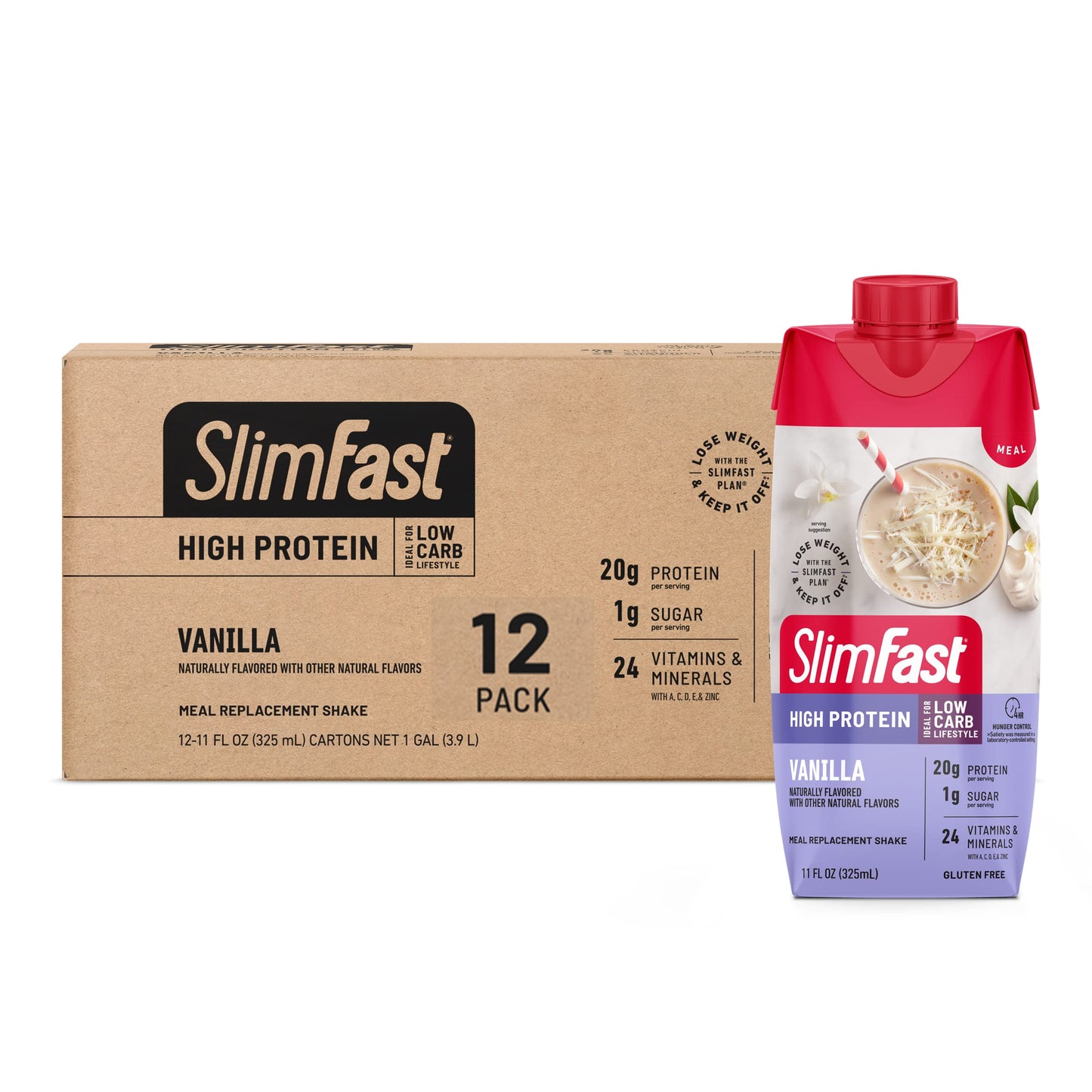 SlimFast Protein Shake with Caffeine, Caramel Macchiato- 20g Protein, Meal Replacement Shakes, High Protein with Low Carb and Low Sugar, 24 Vitamins and Minerals, 12 Count (Pack of 1)