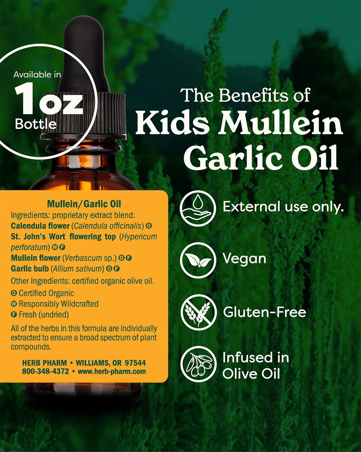 Herb Pharm Kids Mullein and Garlic Oil, Calendula, Garlic, Mullein, St. John's Wort, Olive Oil, 1 Fl Oz (Pack of 1) - Nirvana Guru