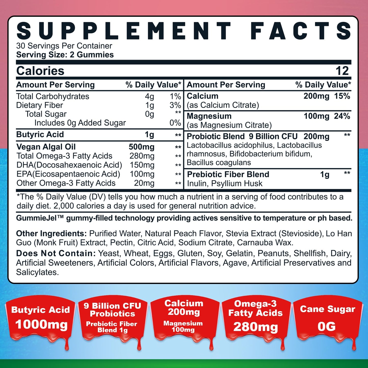 Butyrate Gummies with Probiotic + Prebiotic + Postbiotic, Omega-3 500mg,Fiber with 9 Billion CFU Probiotics, Calcium & Magnesium, Inulin,Psyllium Husk for Digestive Health,Bloating Support,Sugar Free Nirvana Guru