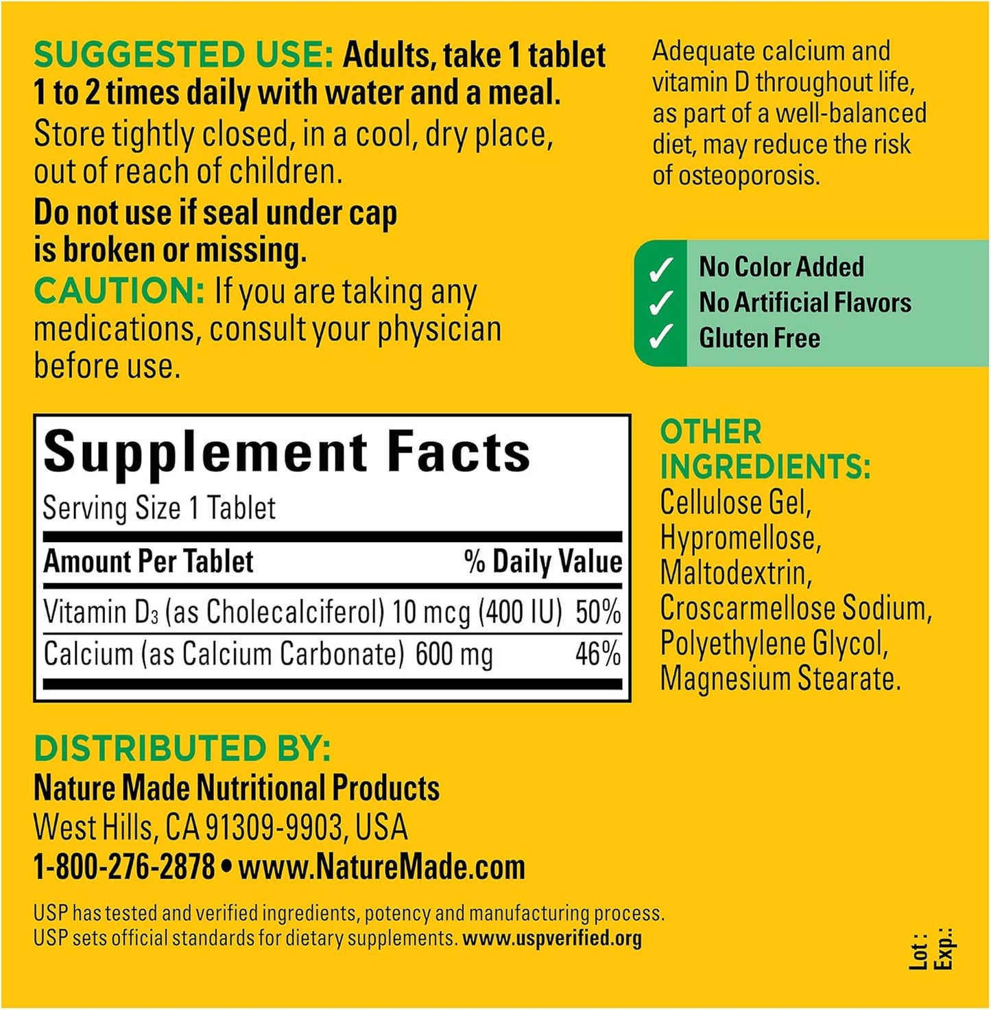 Nature Made Calcium 600 mg with Vitamin D3, Dietary Supplement for Bone Support, 220 Tablets (pack of 1) - Nirvana Guru