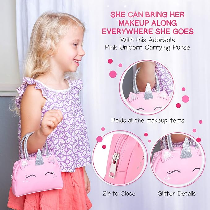 Kids Real Makeup Kit for Girls with Pink Unicorn Purse, Non Toxic Washable Make Up - Unicorn Toys for Toddler & Birthday Gifts for Girl Ages 3 4 5 6 7 8 9 10 Years Old - Pretend Play Vanity Set nirvanaguru