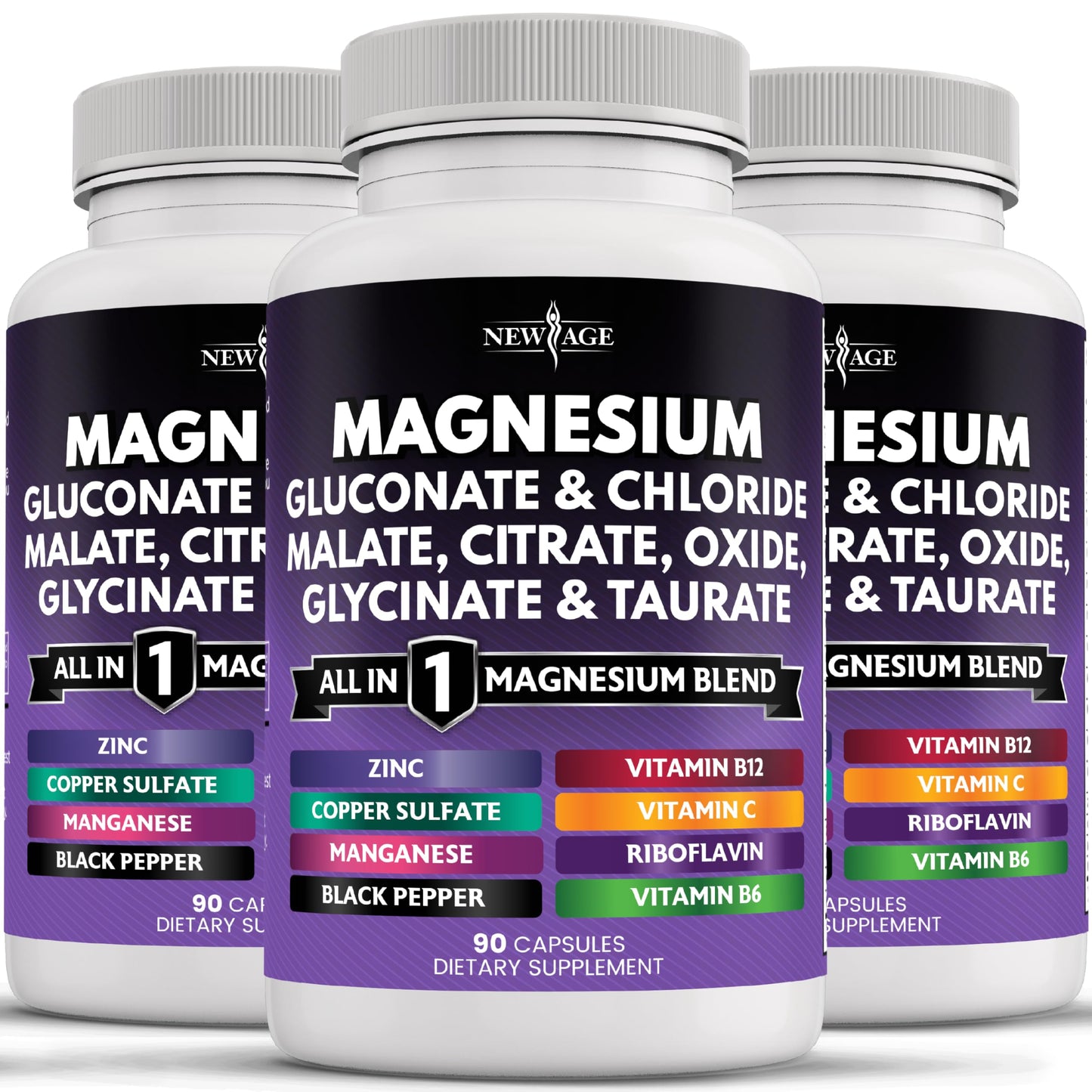 NEW AGE Magnesium Supplement -Powerful Glycinate Citrate Malate Oxide Taurate Aspartate Gluconate Orotate & Mag Chloride Manganese Bone Health and Bone Strength, Joint Support- 180 Count Nirvana Guru
