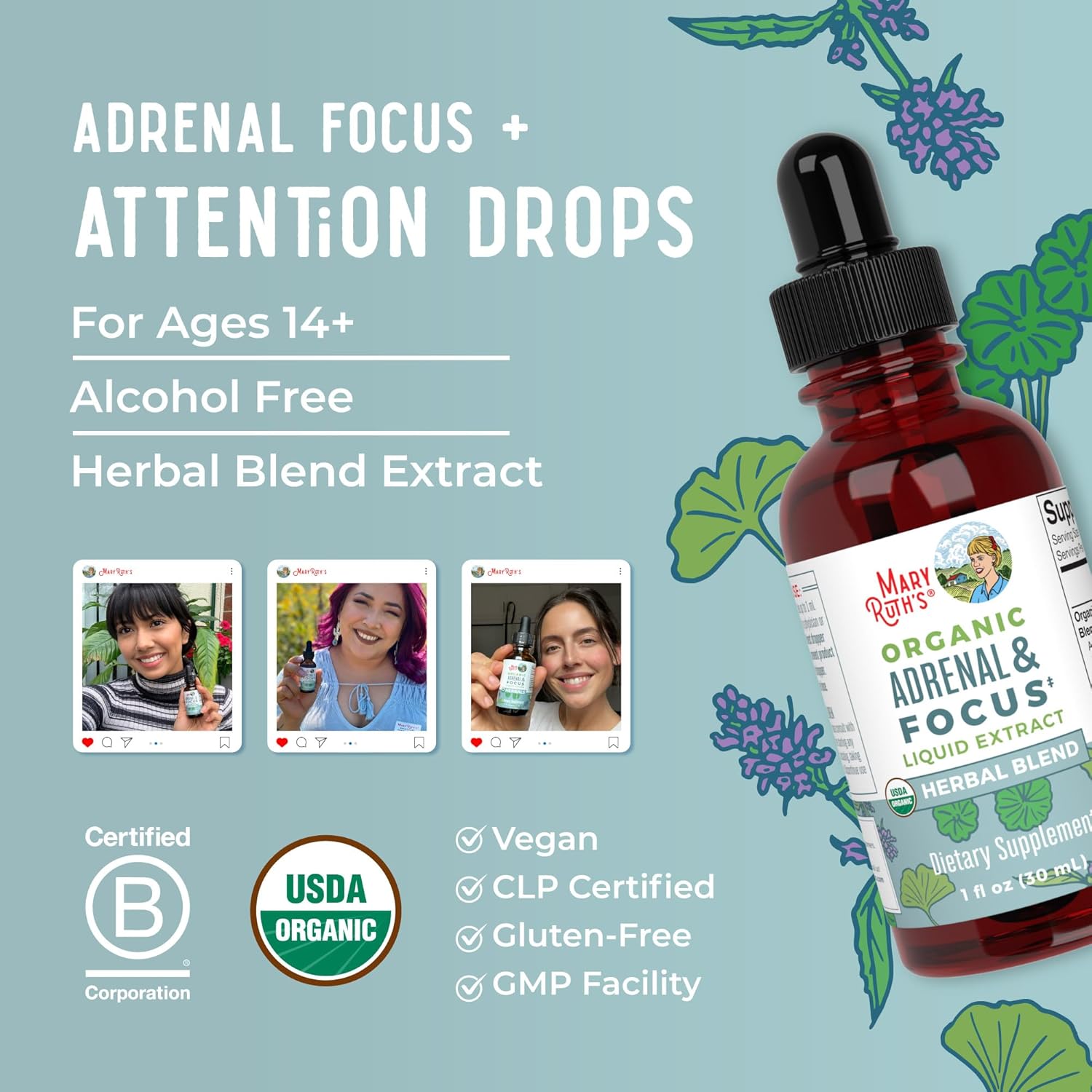 MaryRuth - USDA Organic Brain Nootropic Focus Supplement for Adults with Ginkgo Biloba & Astragalus | Focus & Adrenal Support | Brain and Memory Drops | Vegan | Non-GMO | Gluten Free | 30 Servings - Nirvana Guru