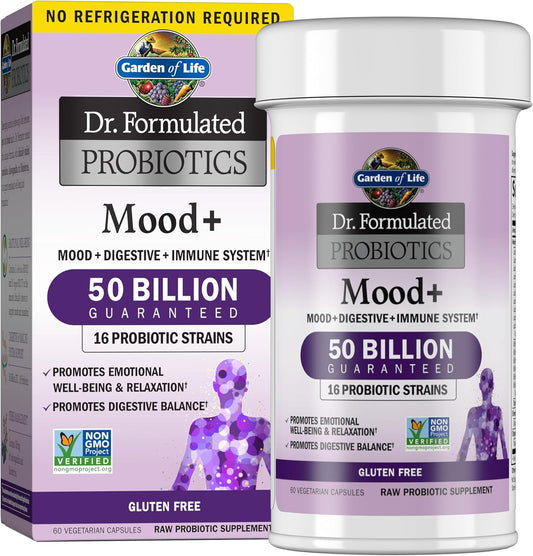 Garden of Life Probiotics Mood+ Dr Formulated Acidophilus Probiotic Supplement - Promotes Emotional Well-Being, Relaxation and Digestive Balance - Ashwagandha for Stress Management, 60 Veggie Caps - Nirvana Guru