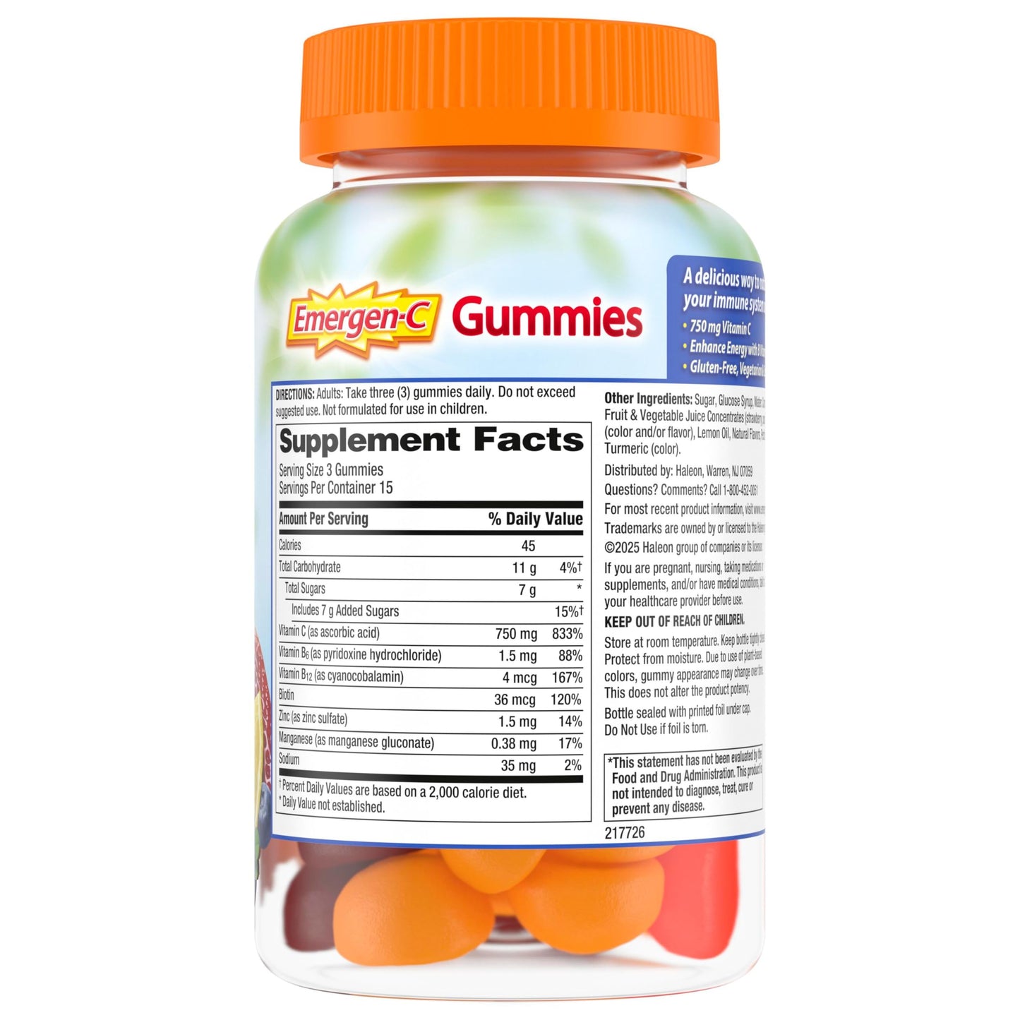 Emergen-C 750mg Vitamin C Gummies for Adults, Immunity Gummies with B Vitamins, Gluten Free, Orange, Tangerine and Raspberry Flavors, 45 Count (Pack of 1) Nirvana Guru