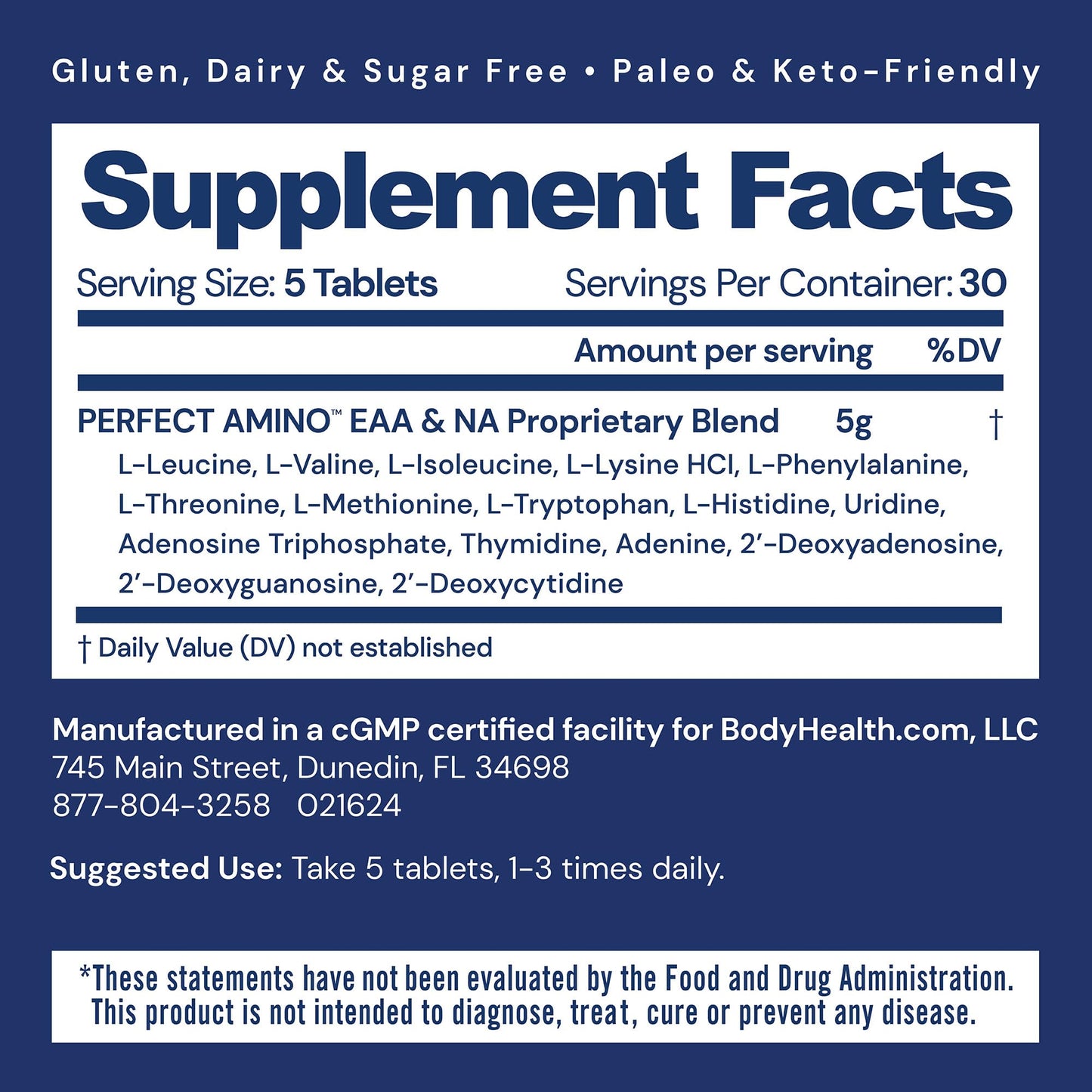 BodyHealth PerfectAmino Tablets (150 ct), Essential Amino Acid with BCAAs + Lysine, Phenylalanine, Threonine, Methionine, Tryptophan, Supplement for Muscle Mass Production, Recovery & Strength - Nirvana Guru