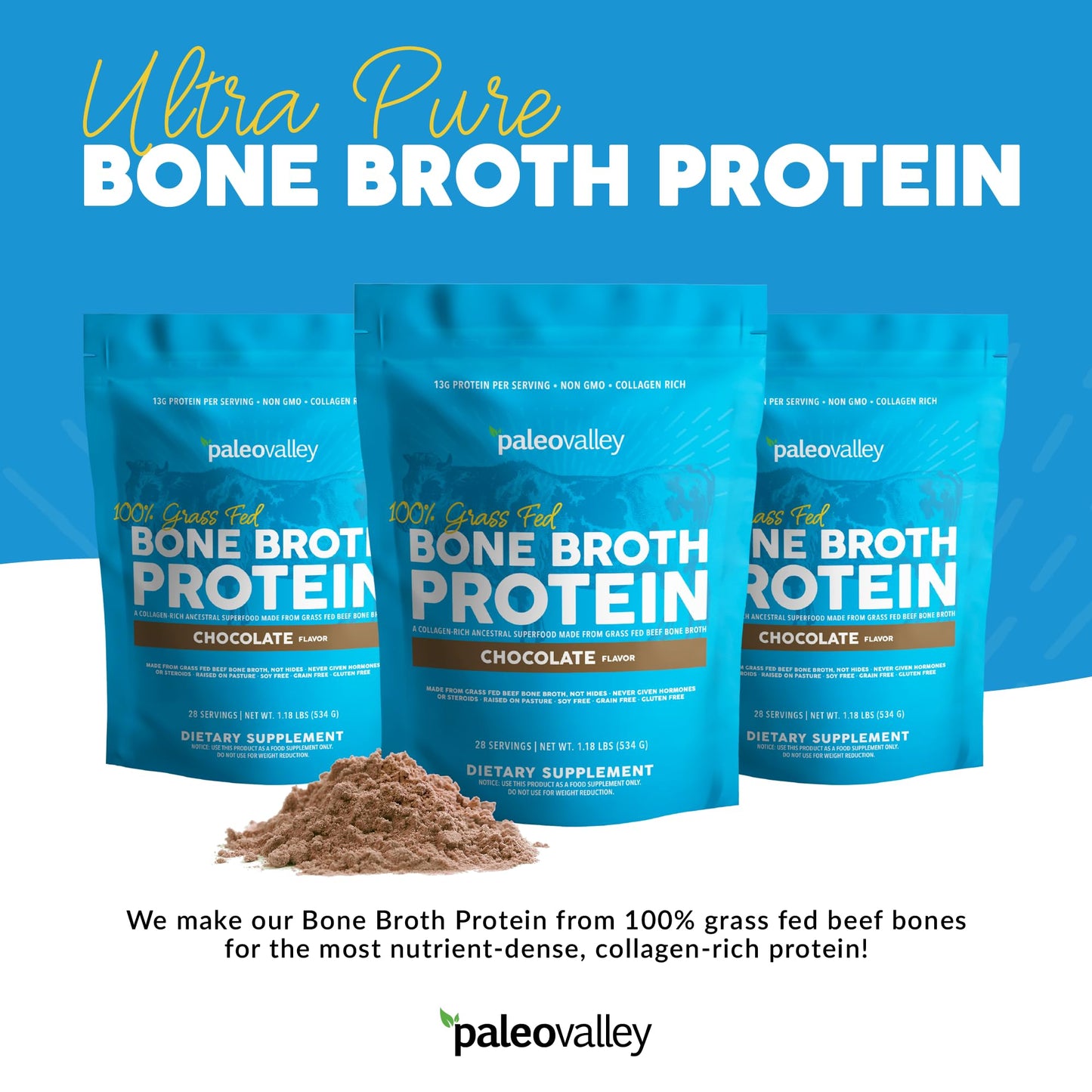 Paleovalley 100% Grass Fed Beef Bone Broth Protein Powder - Rich in Collagen Peptides for Hair, Skin, Gut Health, Bone and Joint Support - 28 Servings, 15g Protein Per Serving - No Gluten or GMOs - Nirvana Guru
