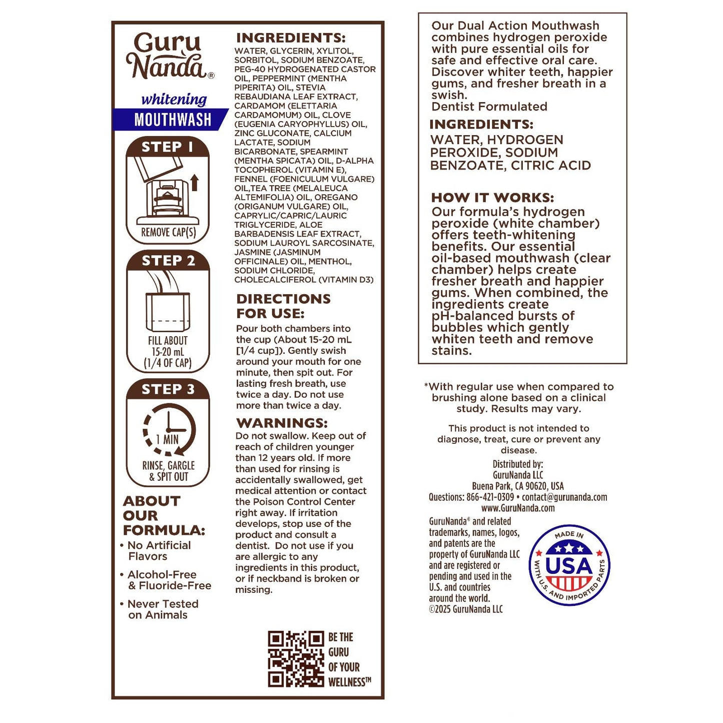 GuruNanda Teeth Whitening Dual Barrel Oxyburst Mouthwash - Alcohol & Fluoride Free, Hydrogen Peroxide to Promote Whiter Teeth - Wild Mint - 20 Fl Oz Nirvana Guru