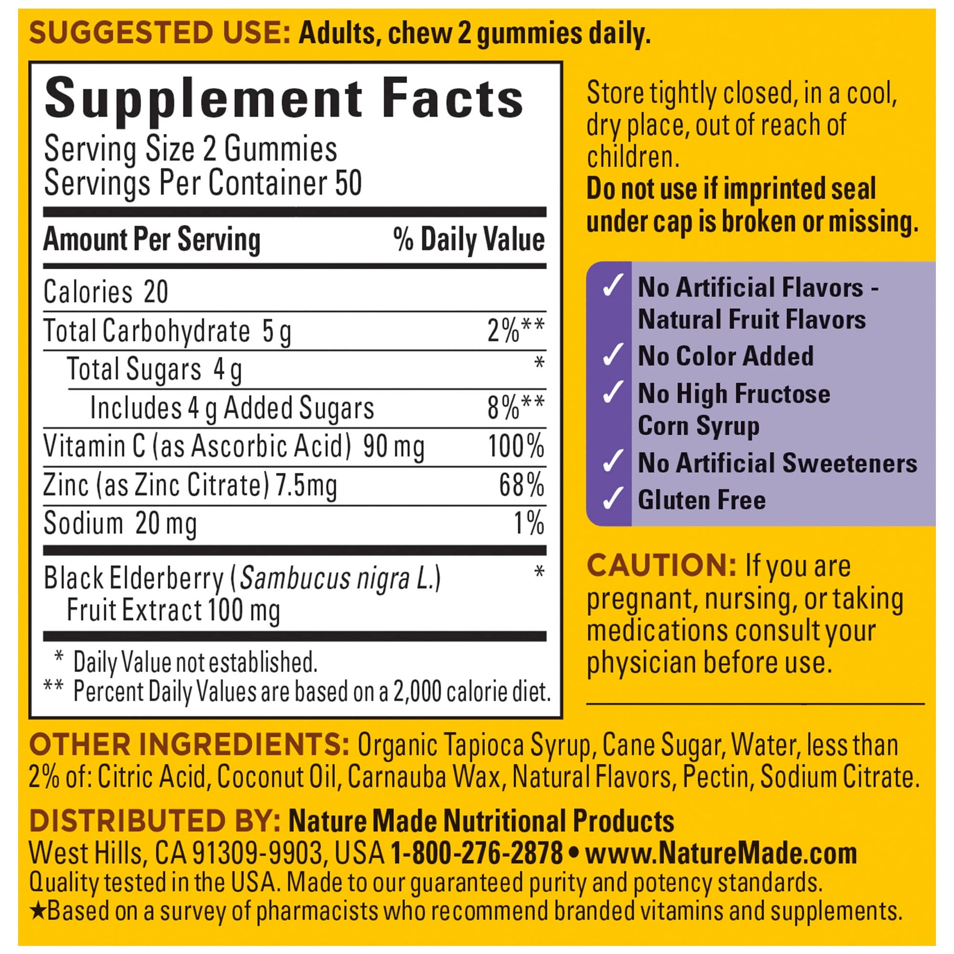 Nature Made Elderberry with Vitamin C and Zinc, Dietary Supplement for Immune Support, 100 Gummies, 50 Day Supply - Nirvana Guru