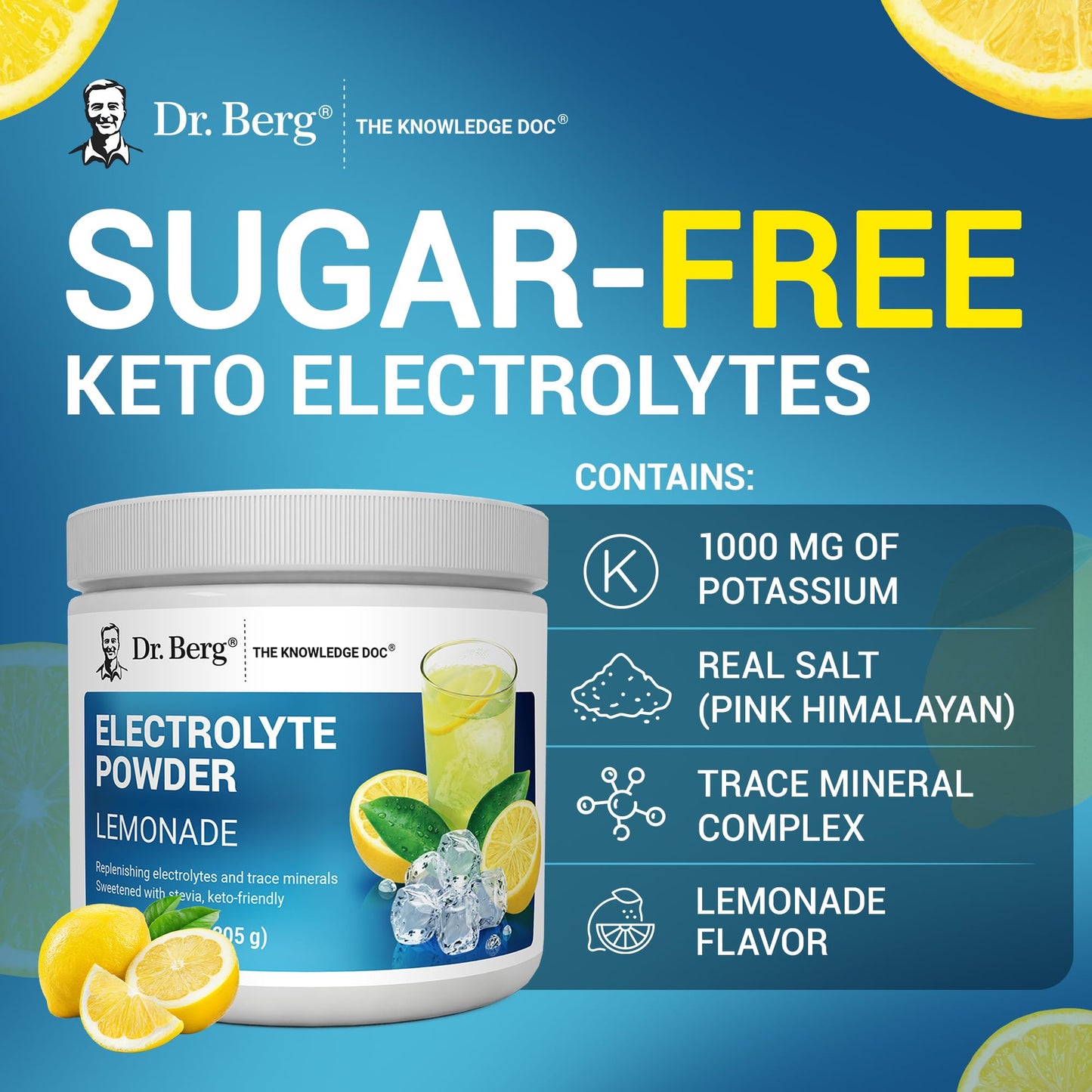 Dr. Berg Zero Sugar Hydration Keto Electrolyte Powder - Enhanced w/ 1000 mg of Potassium & Real Pink Himalayan Salt (NOT Table Salt) - Raspberry & Lemon Flavor Hydration Drink Supplement, 100 Servings