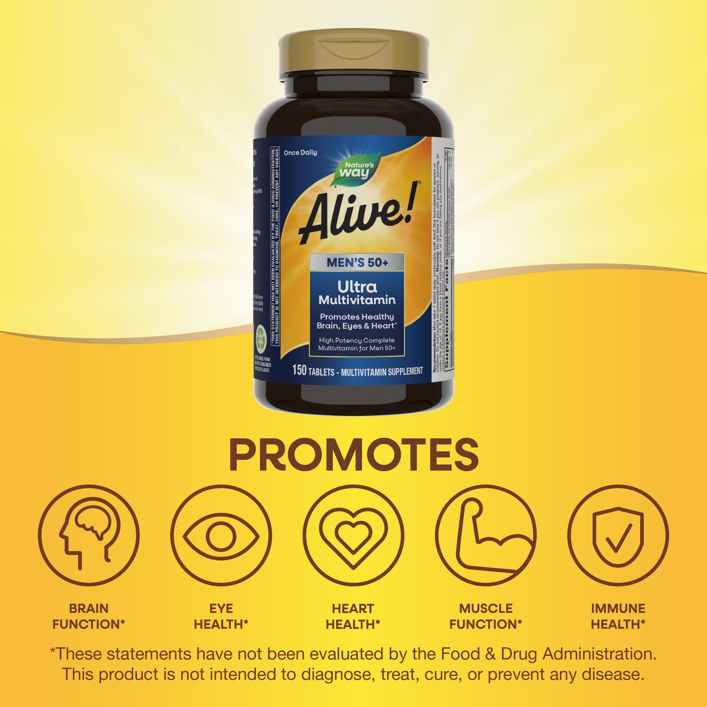 Nature's Way Alive! Men’s 50+ Daily Ultra Multivitamin, High Potency Formula, Supports Healthy Brain, Eyes & Heart*, with Methylated B12, Gluten-Free, 150 Tablets - Nirvana Guru