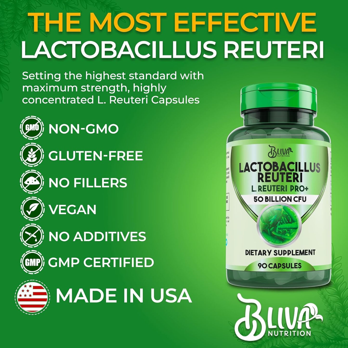 BLIVA Lactobacillus Reuteri Capsules – L Reuteri - 50 Billion CFU per Serving - Highest CFU Count L Reuteri Supplement - 90 Capsules - Nirvana Guru
