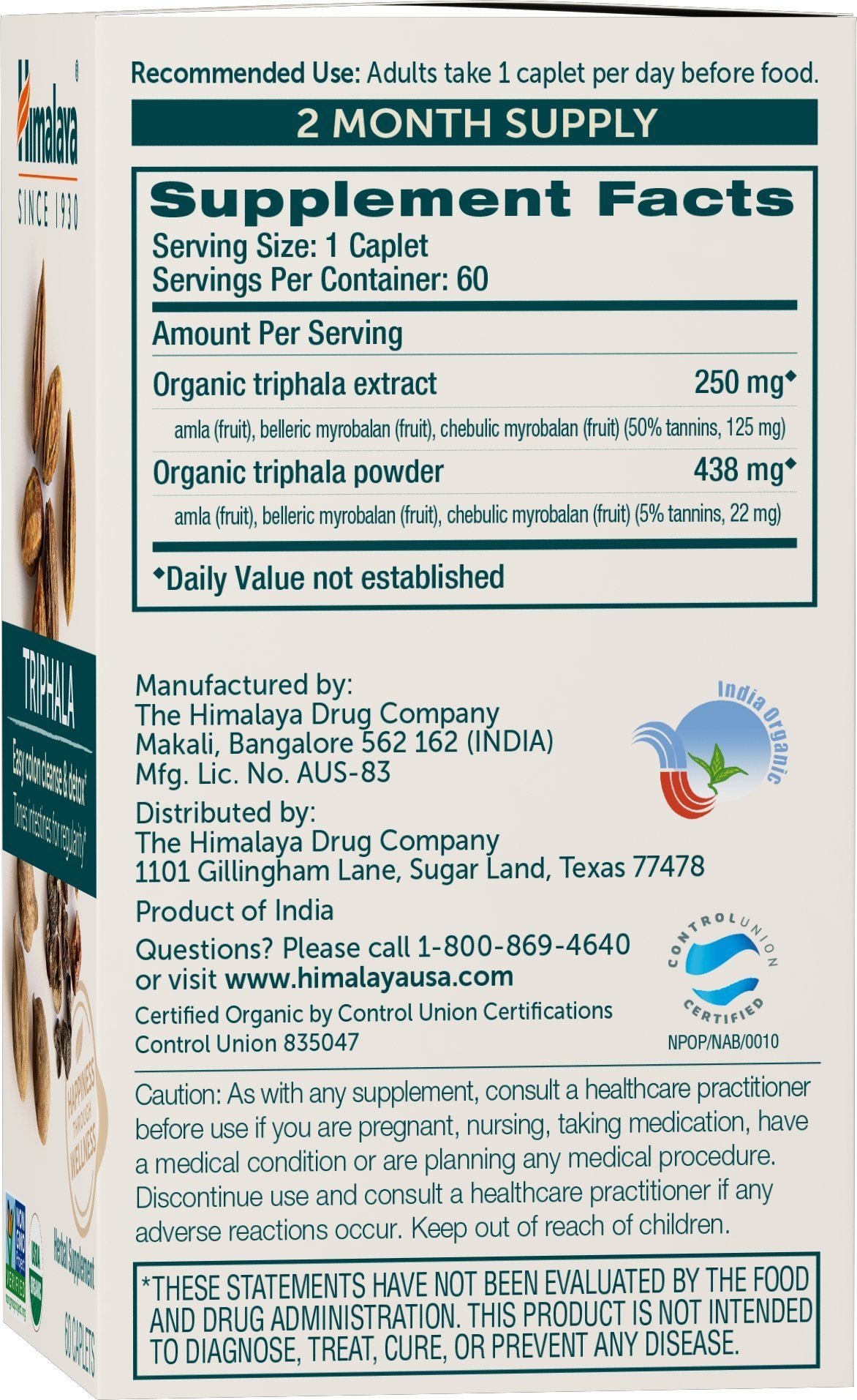 Himalaya Organic Triphala, 2 Month Supply, for Colon Cleanse, Detox & Occasional Constipation, USDA Certified Organic, Non-GMO, Gluten-Free, Extract & Powder Herbal Supplement, 688 mg, 60 Caplets - Nirvana Guru