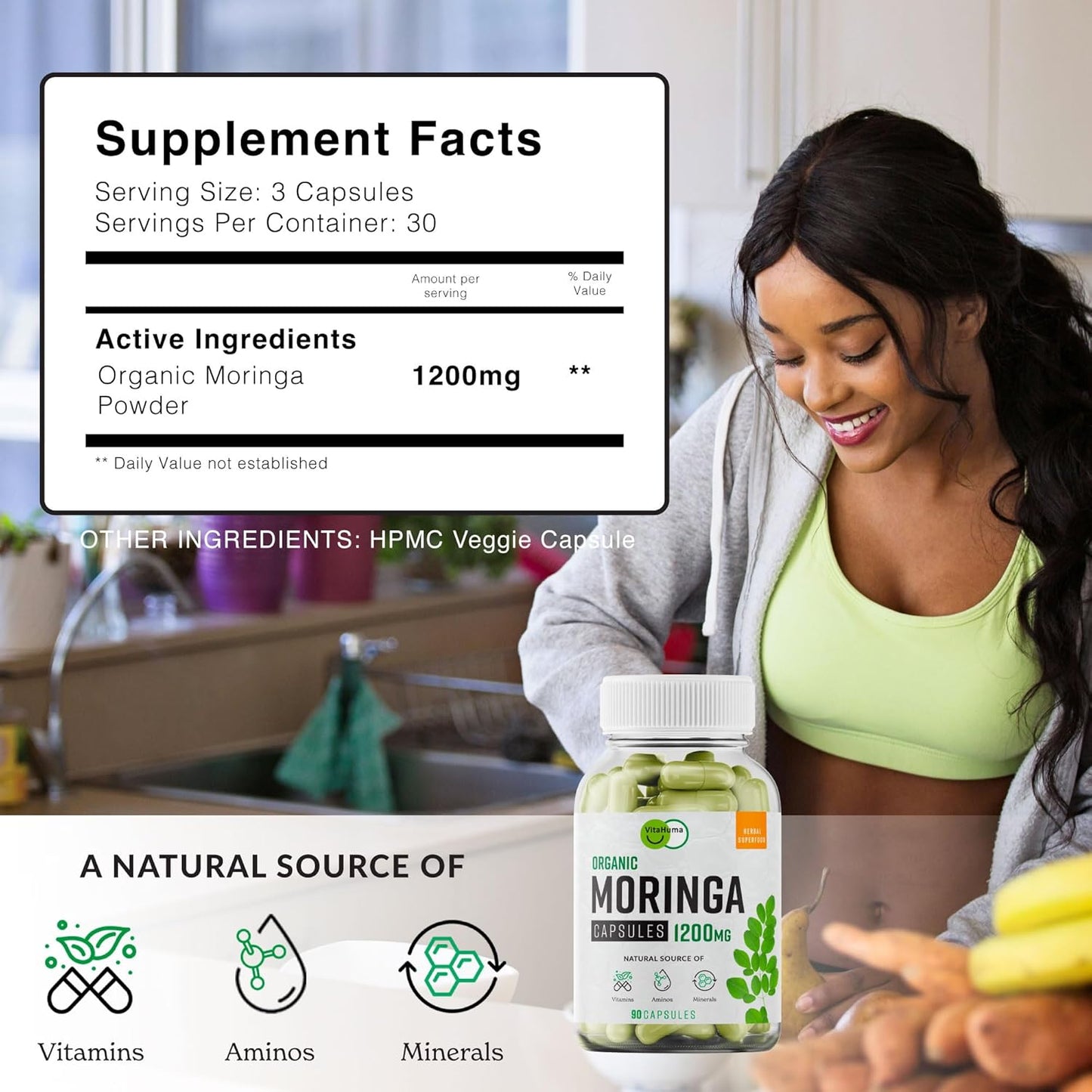 Organic Moringa, Nutrient-Dense Antioxidant Support with Vitamin C, A, E, Calcium, Potassium, Iron, Magnesium, Protein & Amino Acids for Hydration & Energy, Vegan, 1200 MG Per Serving, 90 CT