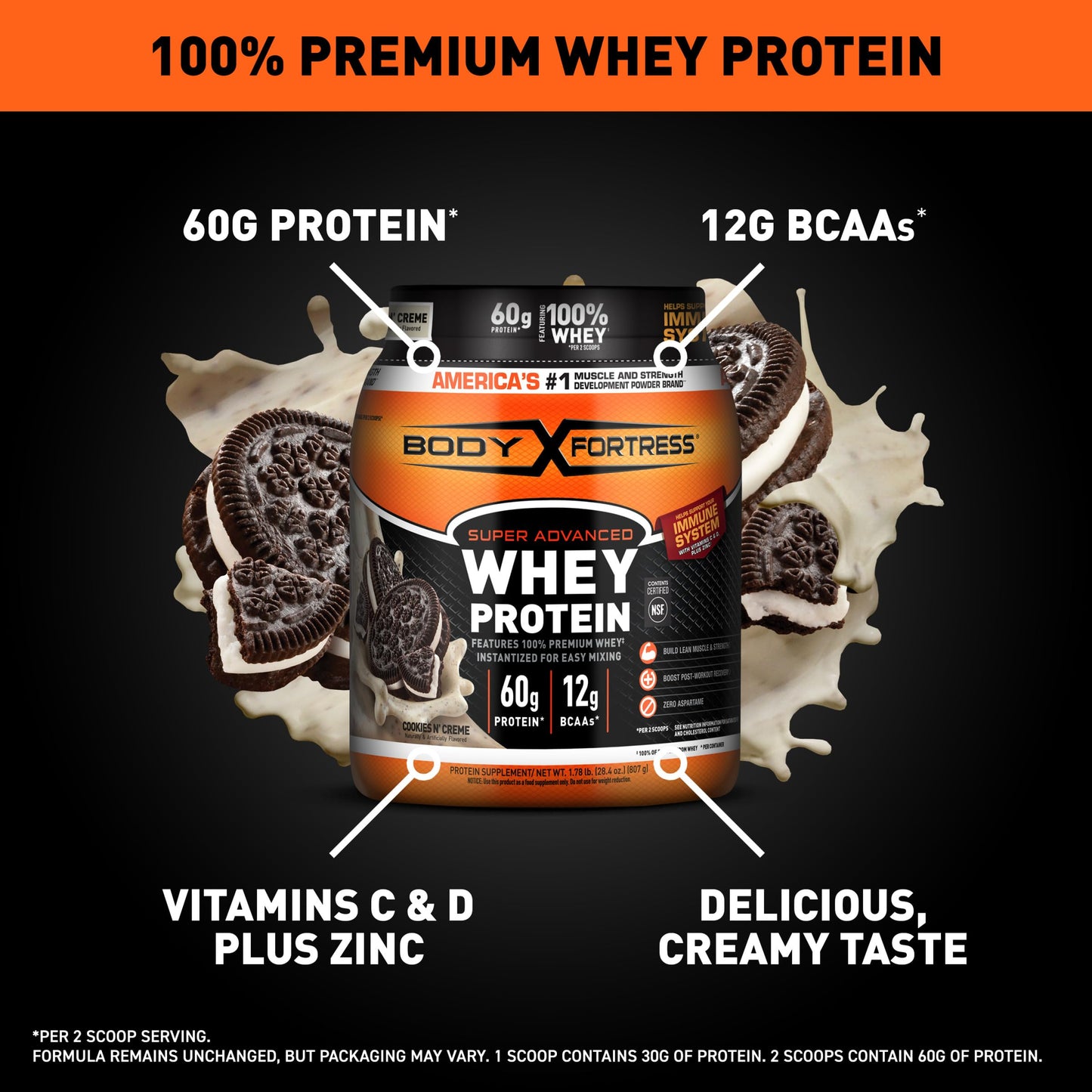 Body Fortress Super Advanced Whey Protein Powder, Vanilla, Immune Support (1), Vitamins C & D Plus Zinc, 1.74 lbs