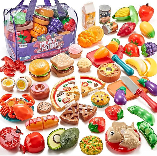 Pretend Play Food for Kids Kitchen - 78Pc Cutting Toy with Storage Bag, Toys Veggies, Fruits, Fake Pizza Toy, Food, Accessories, Boys Girls Gift, 9.5 x 7 x 6 in (ZY-78) nirvanaguru