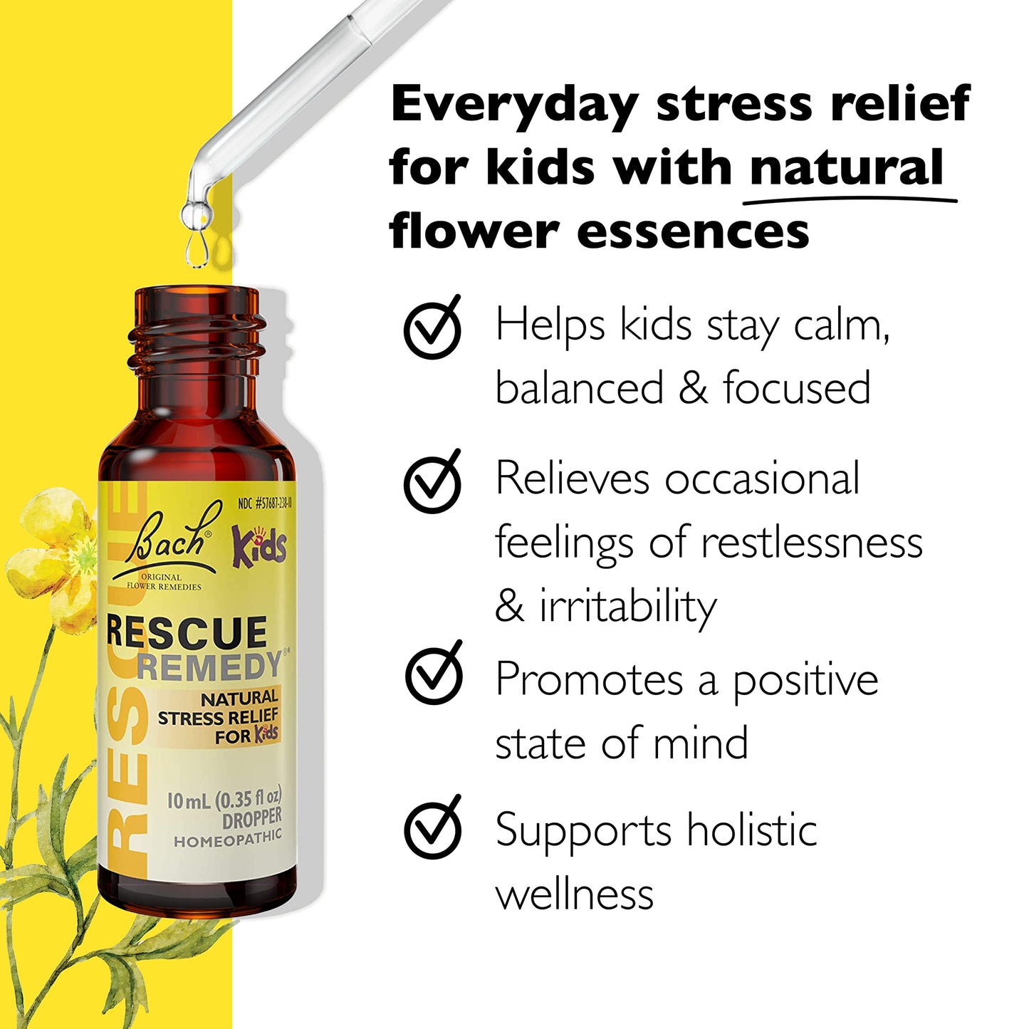 Bach RESCUE REMEDY KIDS Dropper 10mL, Natural Stress Relief, Homeopathic Flower Essence, Vegan, Gluten & Sugar-Free, Kid-friendly, Non-alcohol Formula - Nirvana Guru