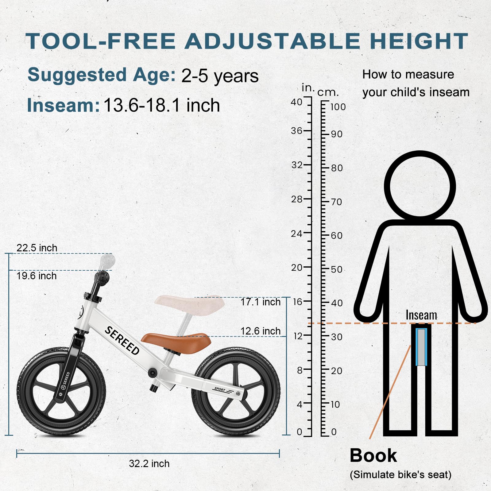 SEREED Toddler Balance Bike 2 Year Old, No Pedal Kids Toy Bike for 2-5 Years Old, Tool-Free Adjustment, Gift for 2-3 Boys Girls, Customize Plate with 3pcs Stickers (White) Nirvana Guru