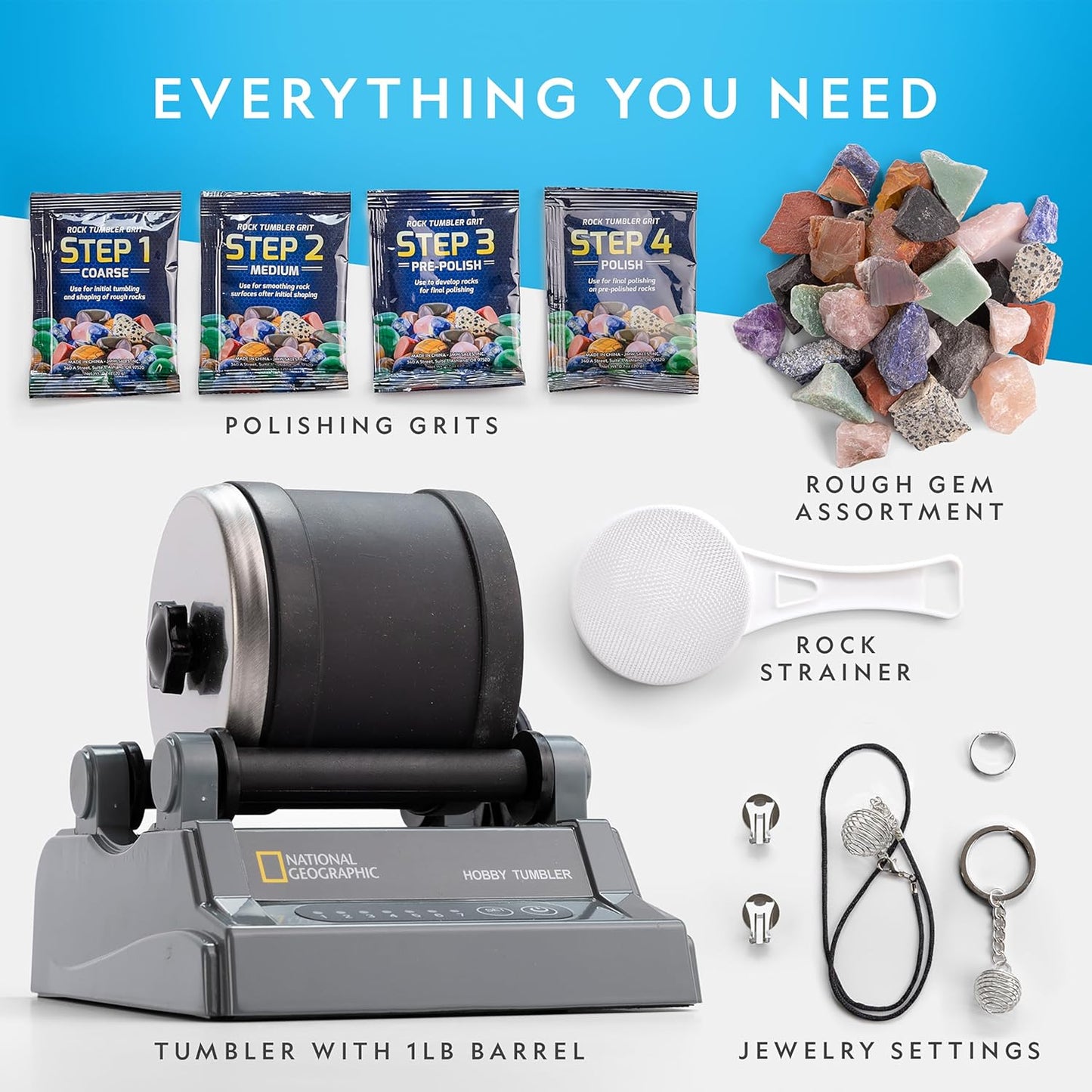 Blue Marble National Geographic Rock Tumbler Kit – Hobby Edition Includes Rough Gemstones, and 4 Polishing Grits, Great STEM Science Kit for Geology Enthusiasts, Rock Polisher for Kids and Adults Nirvana Guru