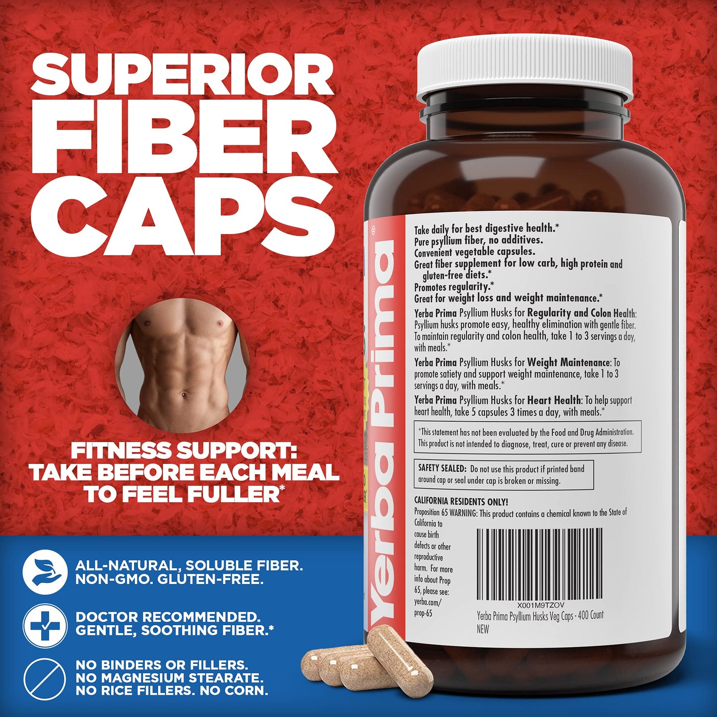 Yerba Prima Psyllium Husks Veg Caps, 400 Capsules (625mg) - Vegan, Non-GMO, Gluten Free, Colon Cleanser, Daily Fiber Supplement for Gut Health & Regularity - Nirvana Guru