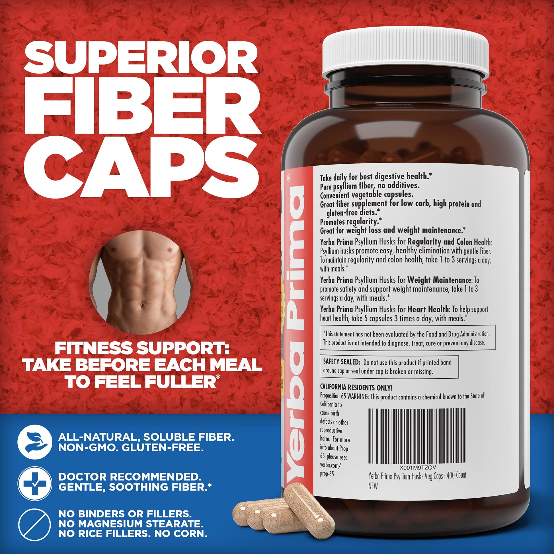 Yerba Prima Psyllium Husks Veg Caps, 400 Capsules (625mg) - Vegan, Non-GMO, Gluten Free, Colon Cleanser, Daily Fiber Supplement for Gut Health & Regularity - Nirvana Guru