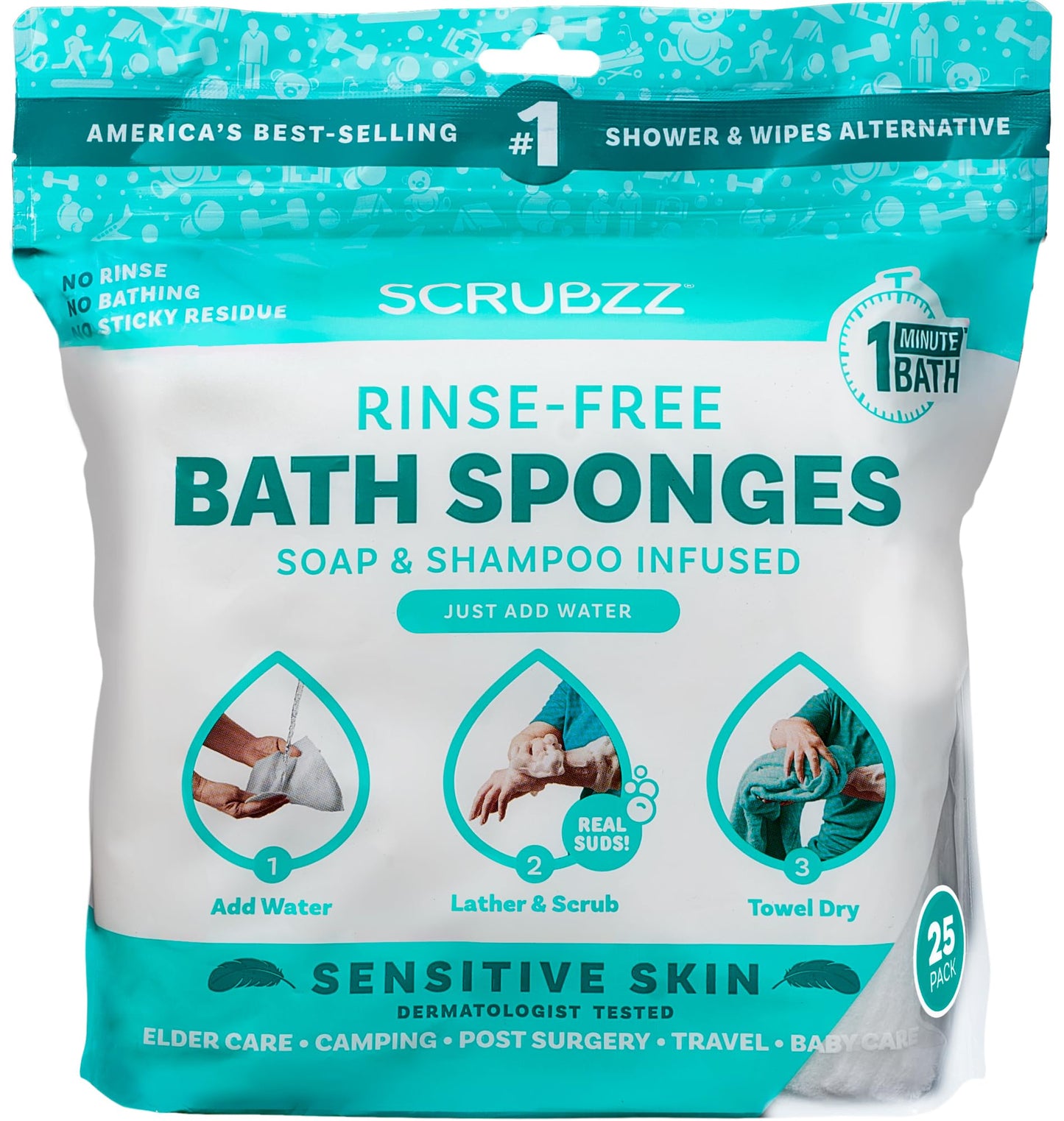 Scrubzz Disposable Rinse Free Bathing Wipes - 25 Pack - All-in-1 Single Use Shower Wipes, Simply Dampen, Lather, and Dry Without Shampoo or Rinsing Nirvana Guru