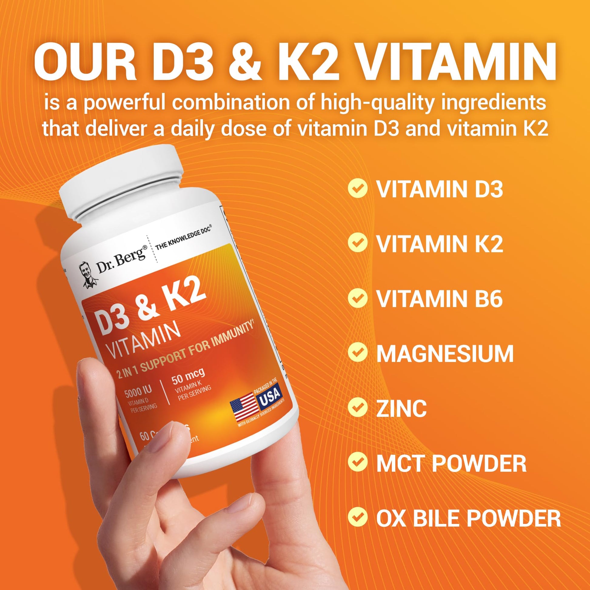 Dr. Berg Vitamin D3 K2 5000 IU with MCT Powder | Powerful 7-in-1 Formulation | 4X Lab-Tested & Verified | High Absorption Formula | K2 D3 Vitamin Supplement - 60 Capsules - Nirvana Guru
