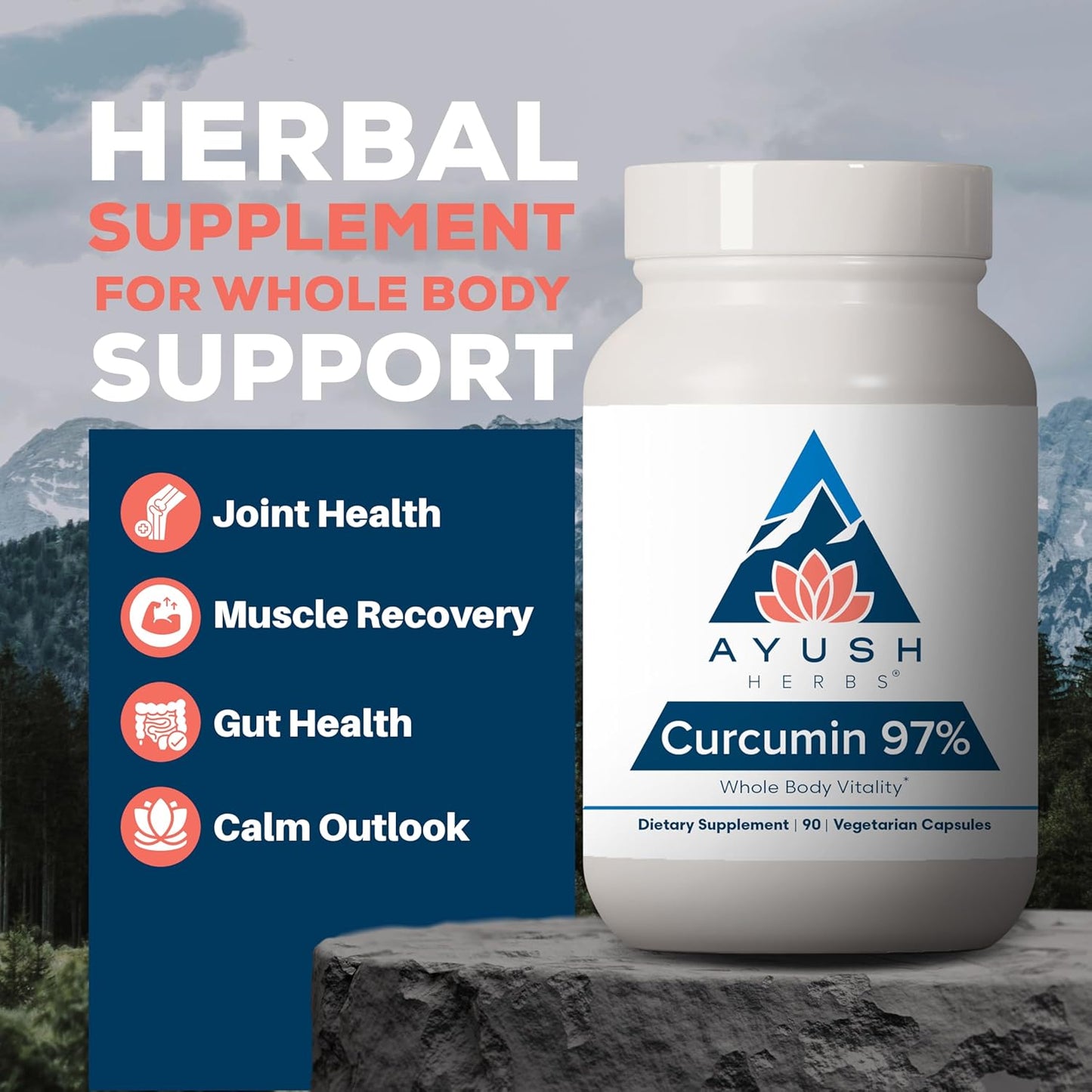 Ayush Herbs Curcumin 97% - Curcumin Supplements, Premium Turmeric Root Supplement, Curcuminoids for Women & Men, Adults, Premium Joint Support, Strength & Vitality - 90 Vegetarian Capsules (1 Count) Nirvana Guru