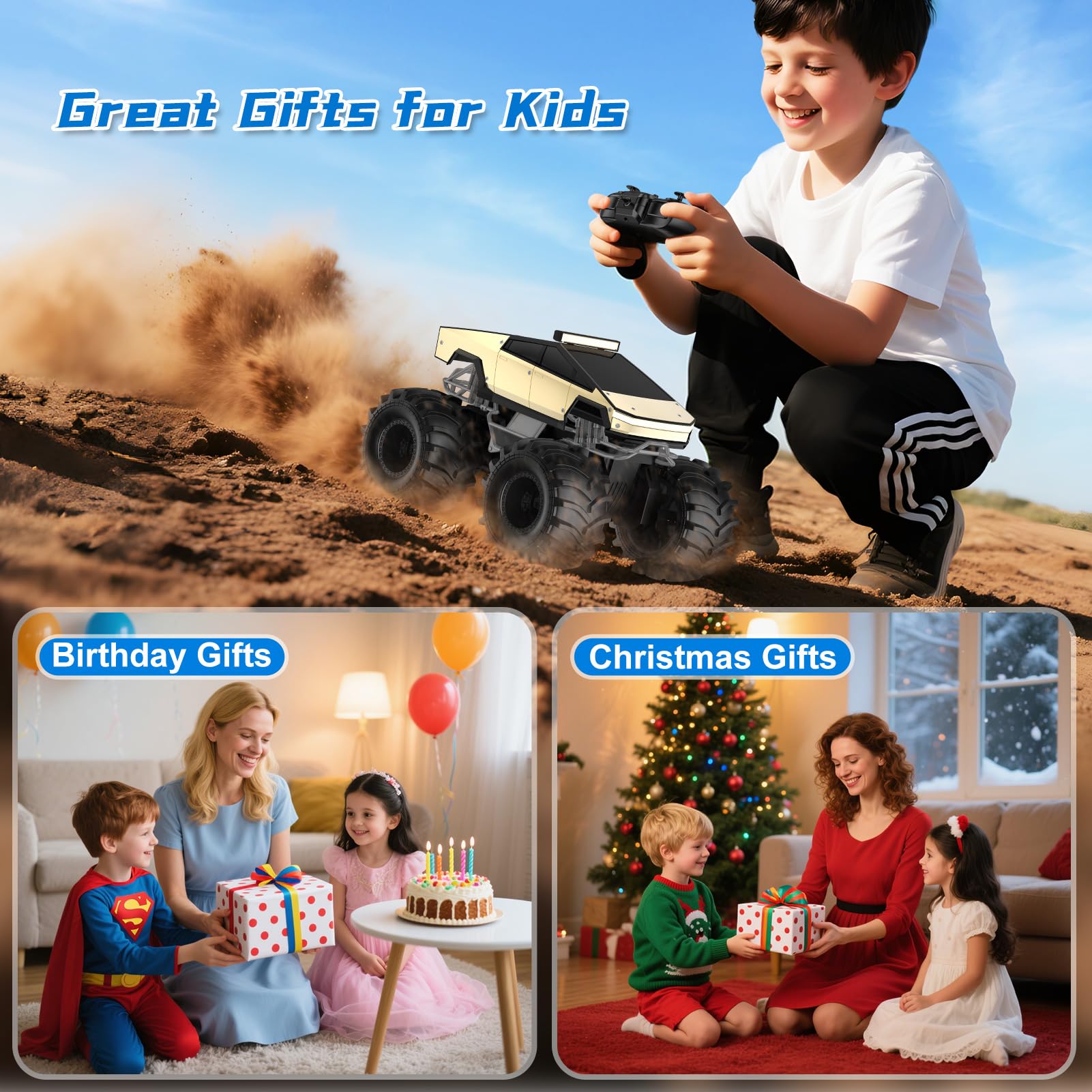 Remote Control Car for Boys, 1:18 Monster Trucks Toys Amphibious RC Cars, 2.4 GHz Waterproof RC Cyber Trucks, 4WD All Terrain Off-Road Pickup, Kids Toy for 6+ Year Old Boy Girl Christmas Birthday Gift Nirvana Guru