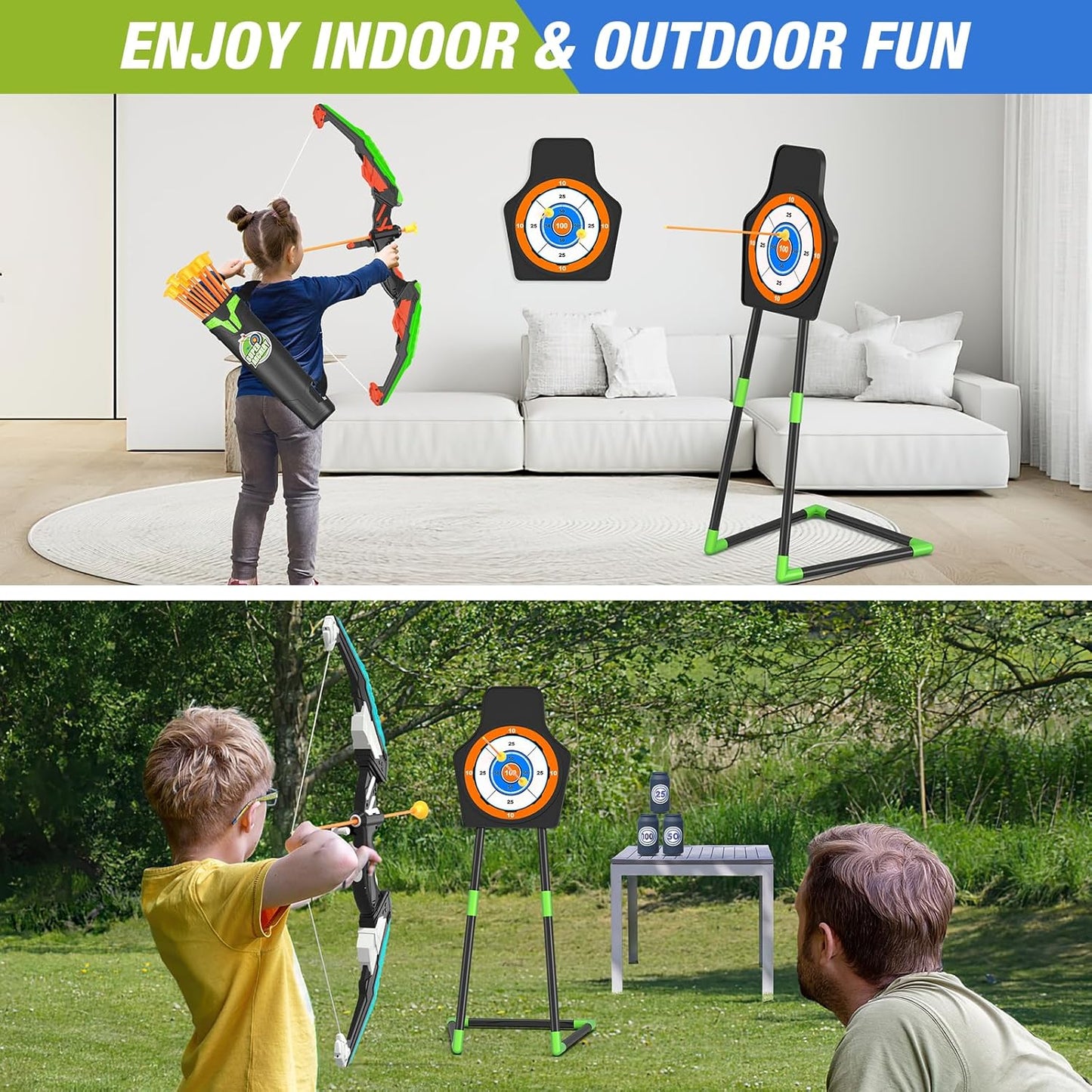 2 Pack Bow and Arrow for Kids, LED Light Up Archery Set with 24 Suction Cup Arrows, 1 Standing Target, 6 Score Targets & 2 Quiver, Indoor Outdoor Sport Gifts for Boys Girls Ages 4-8 Nirvana Guru